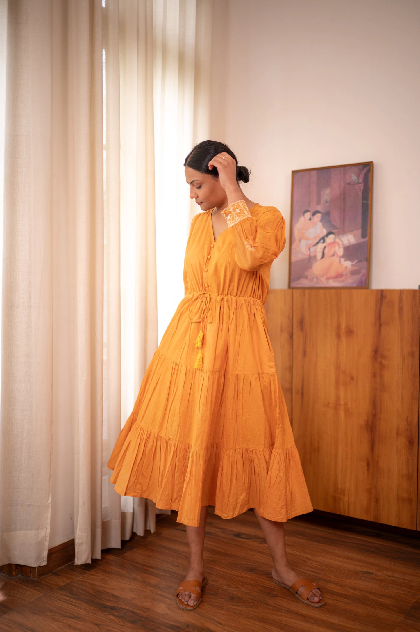 Chikankari Baazu Layered Dress - Tangerine