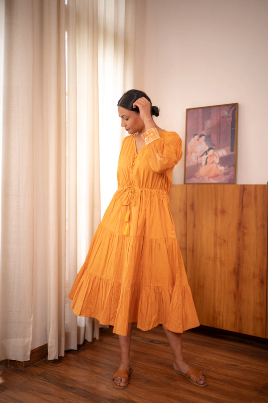 Chikankari Baazu Layered Dress - Tangerine