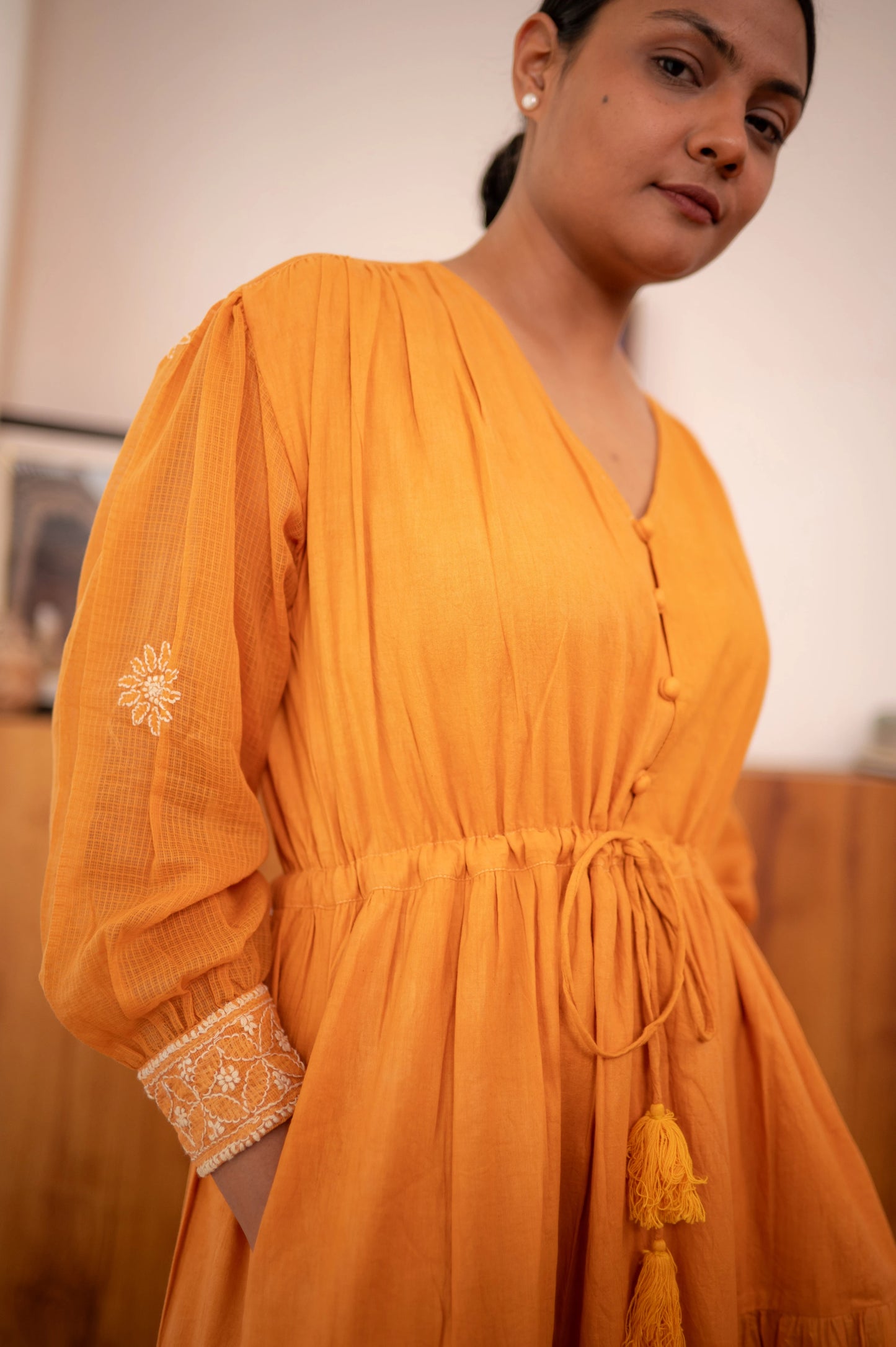Chikankari Baazu Layered Dress - Tangerine
