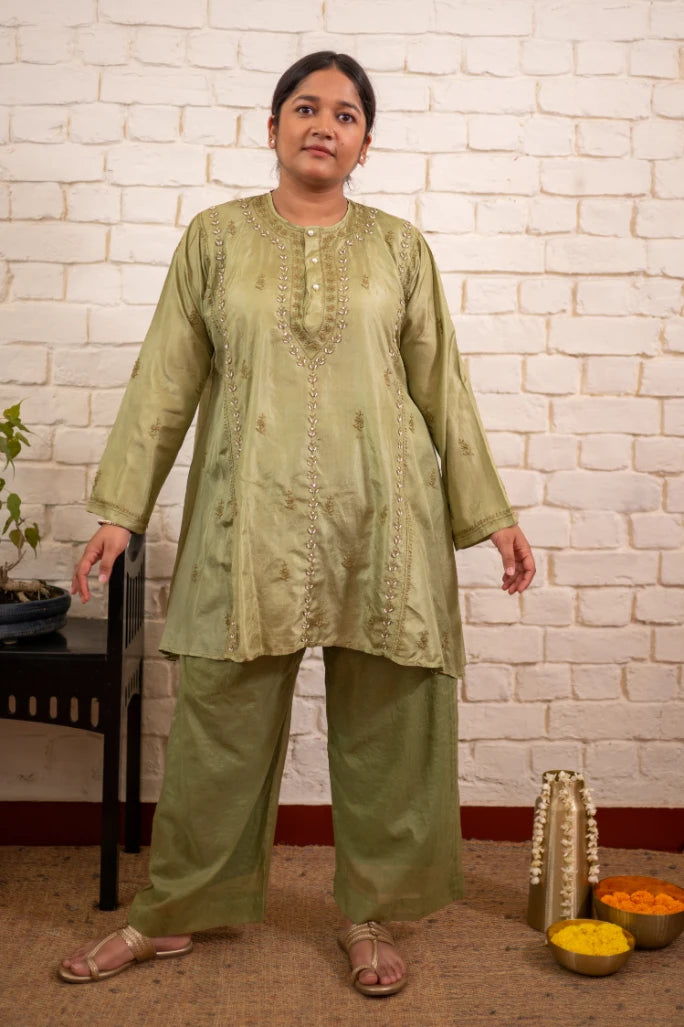 Pista Green Chikankari Silk Short Kurta Co-ord Set