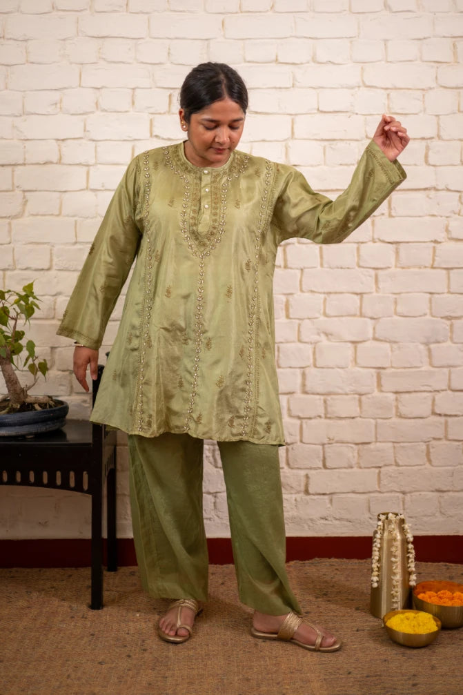 Pista Green Chikankari Silk Short Kurta Co-ord Set