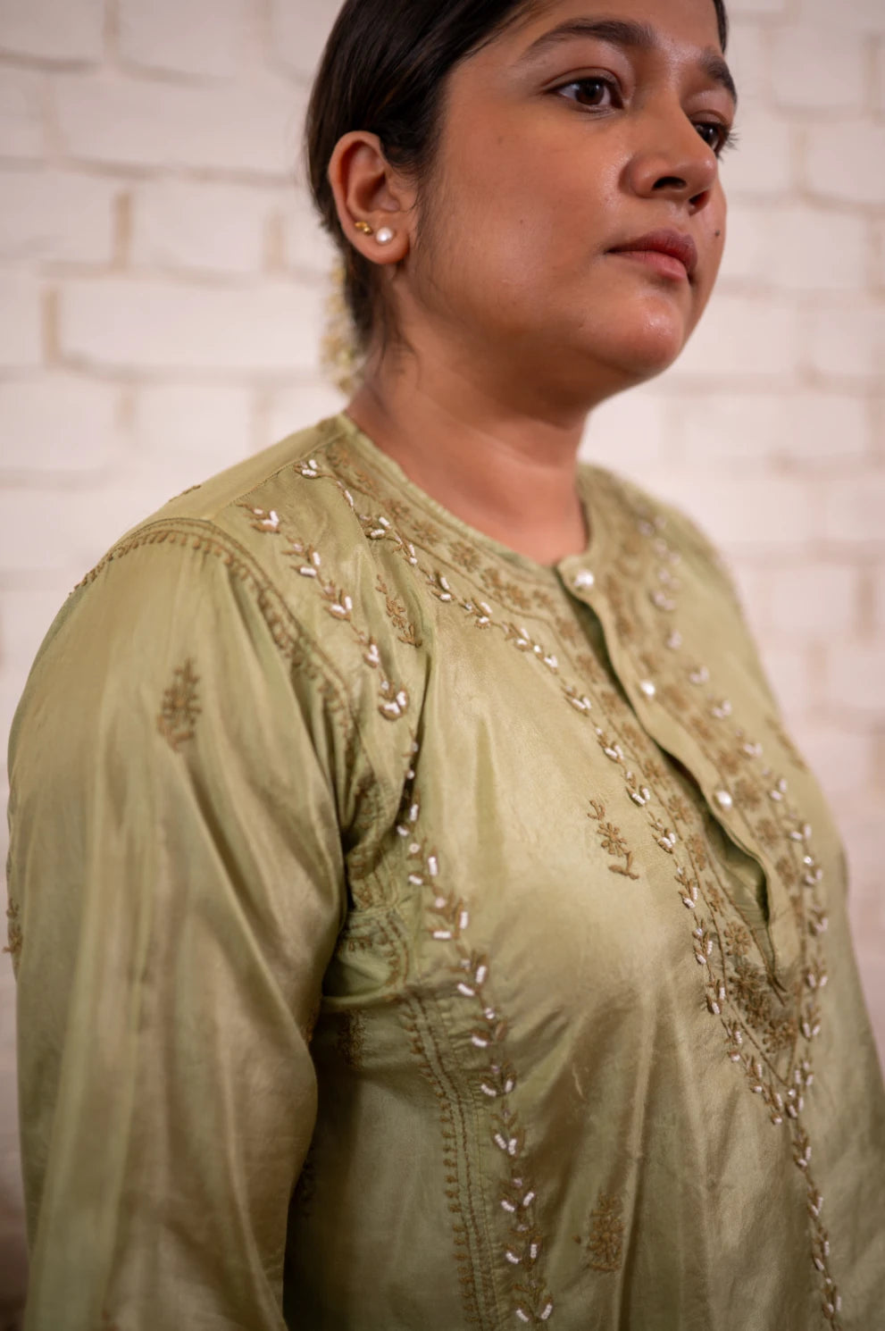 Pista Green Chikankari Silk Short Kurta Co-ord Set
