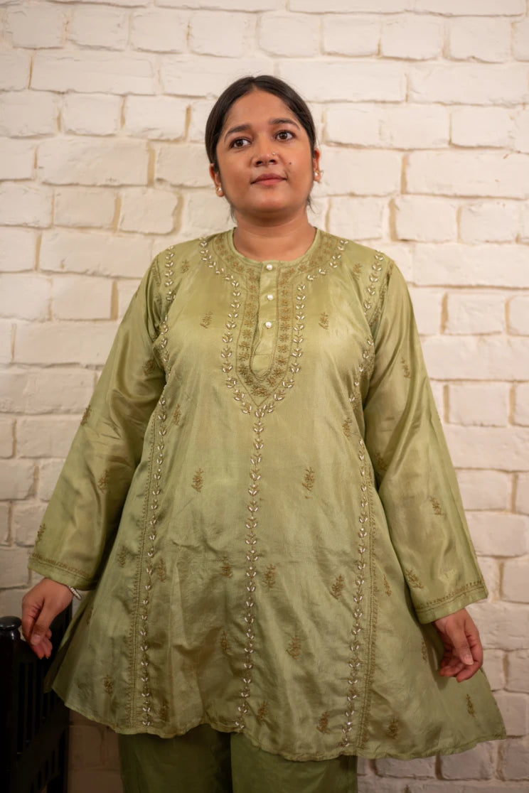 Pista Green Chikankari Silk Short Kurta Co-ord Set