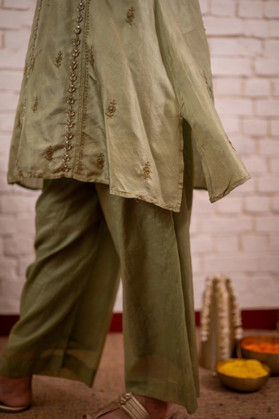 Pista Green Chikankari Silk Short Kurta Co-ord Set