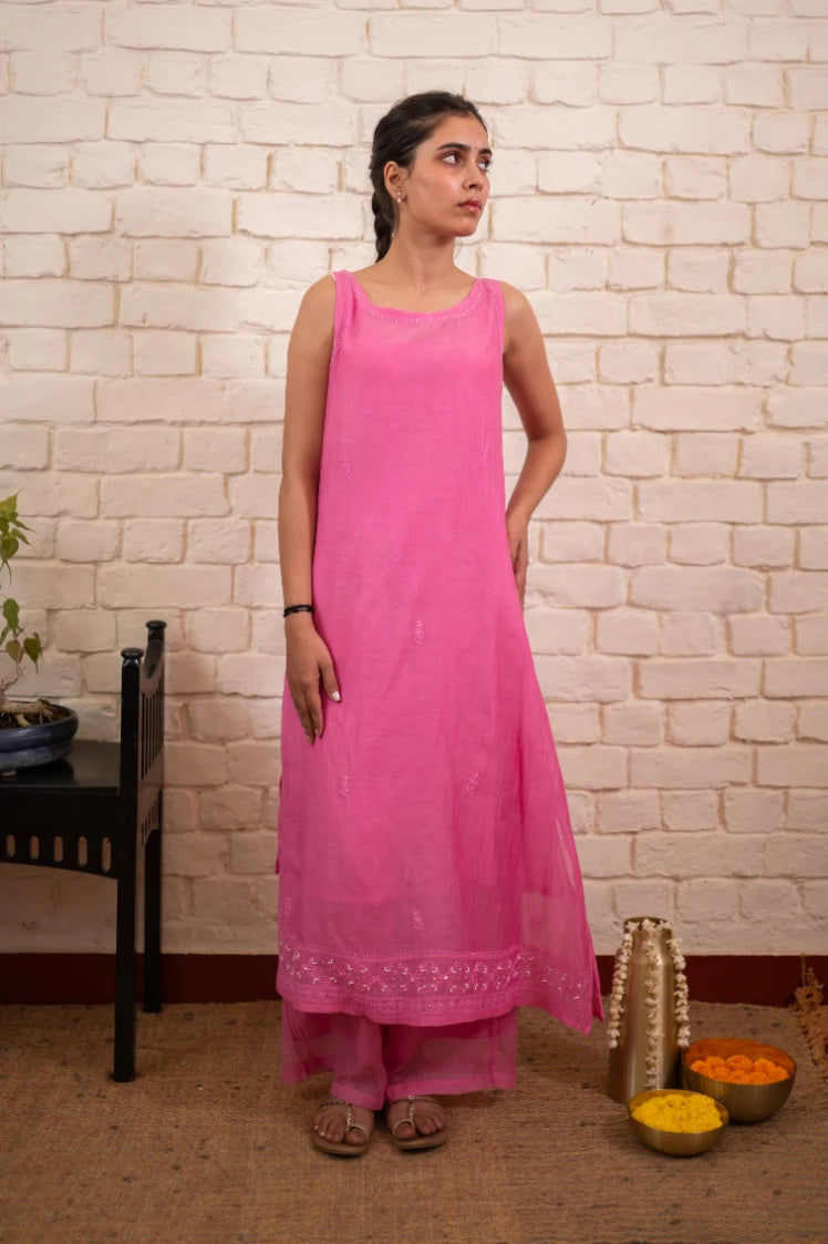 Rose Pink Chikankari Mul Sleeveless Co-ord Set
