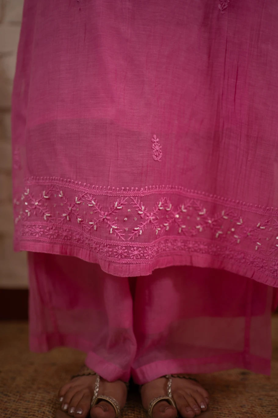 Rose Pink Chikankari Mul Sleeveless Co-ord Set