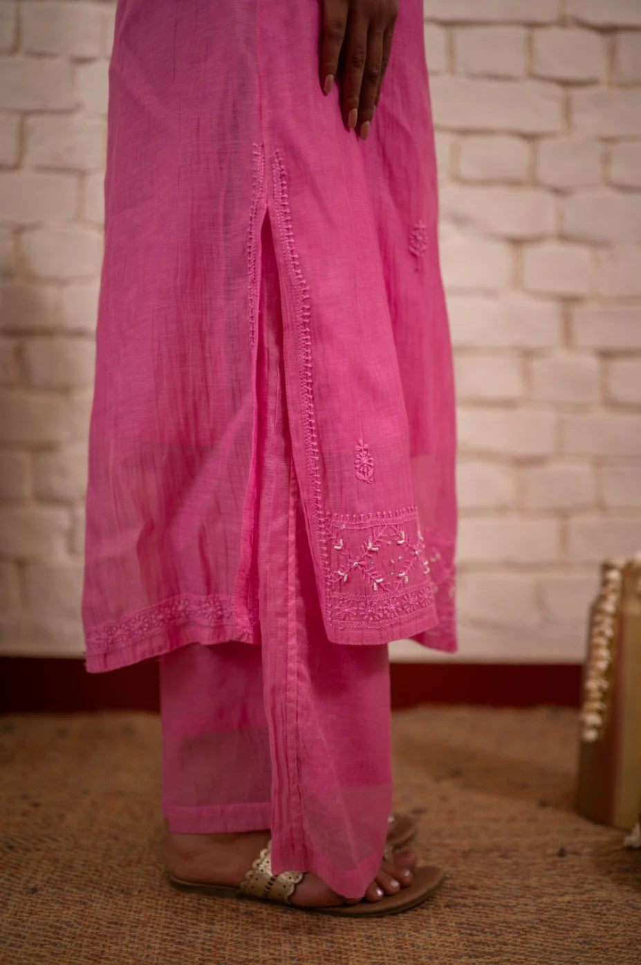 Rose Pink Chikankari Mul Sleeveless Co-ord Set