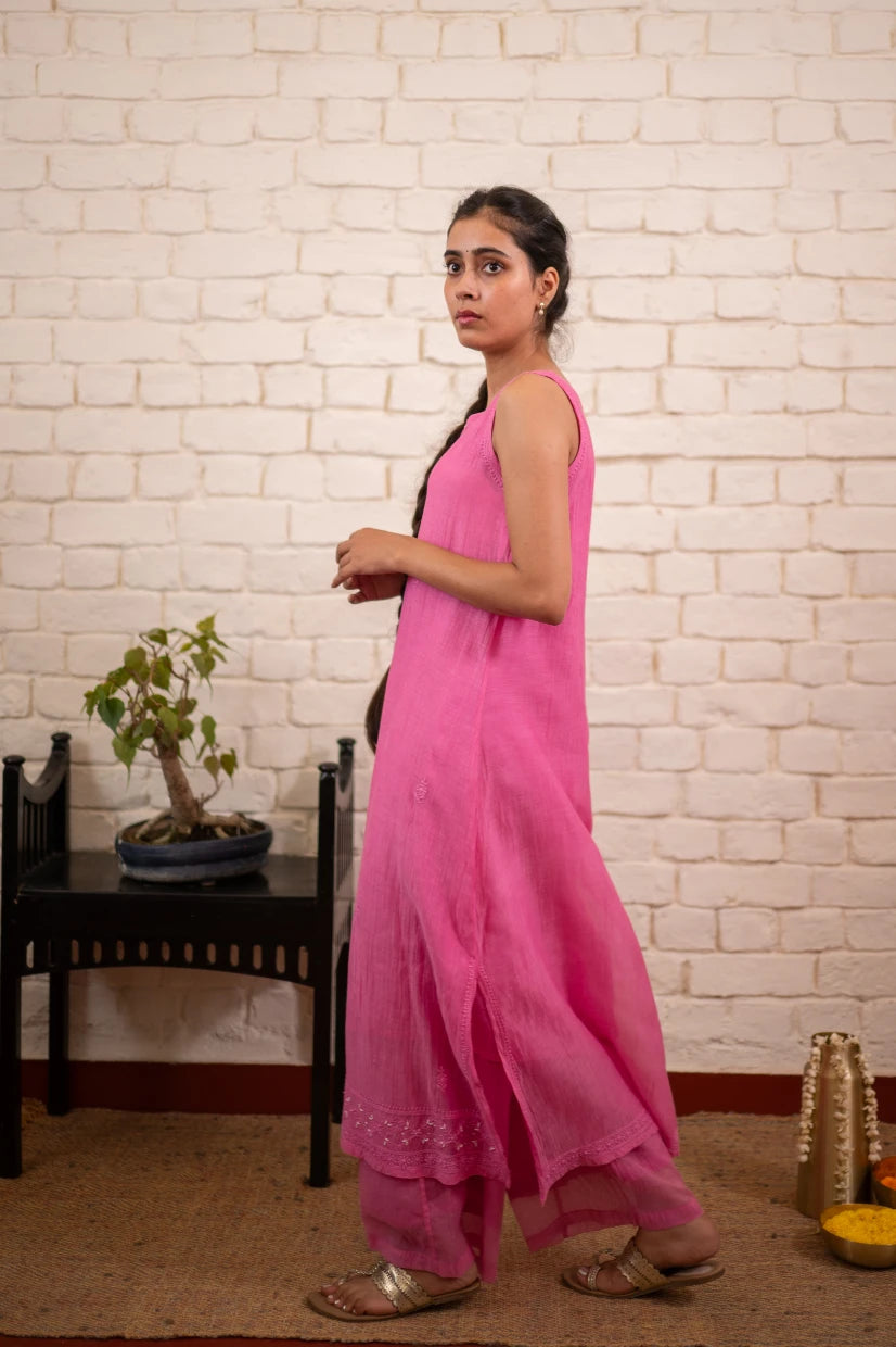 Rose Pink Chikankari Mul Sleeveless Co-ord Set
