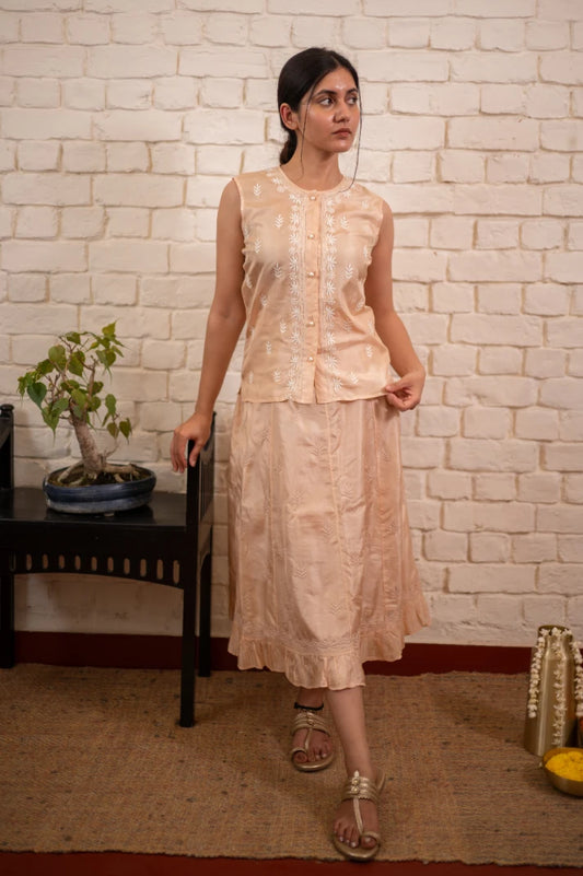 Chikankari Ivory Silk Koti & Skirt Co-ord Set