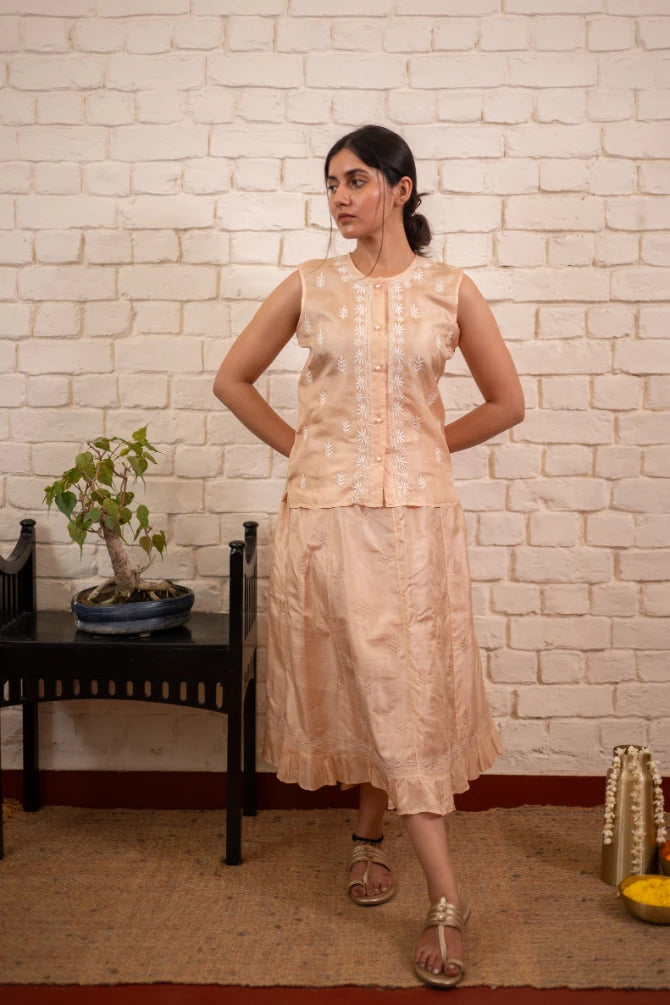 Chikankari Ivory Silk Koti & Skirt Co-ord Set