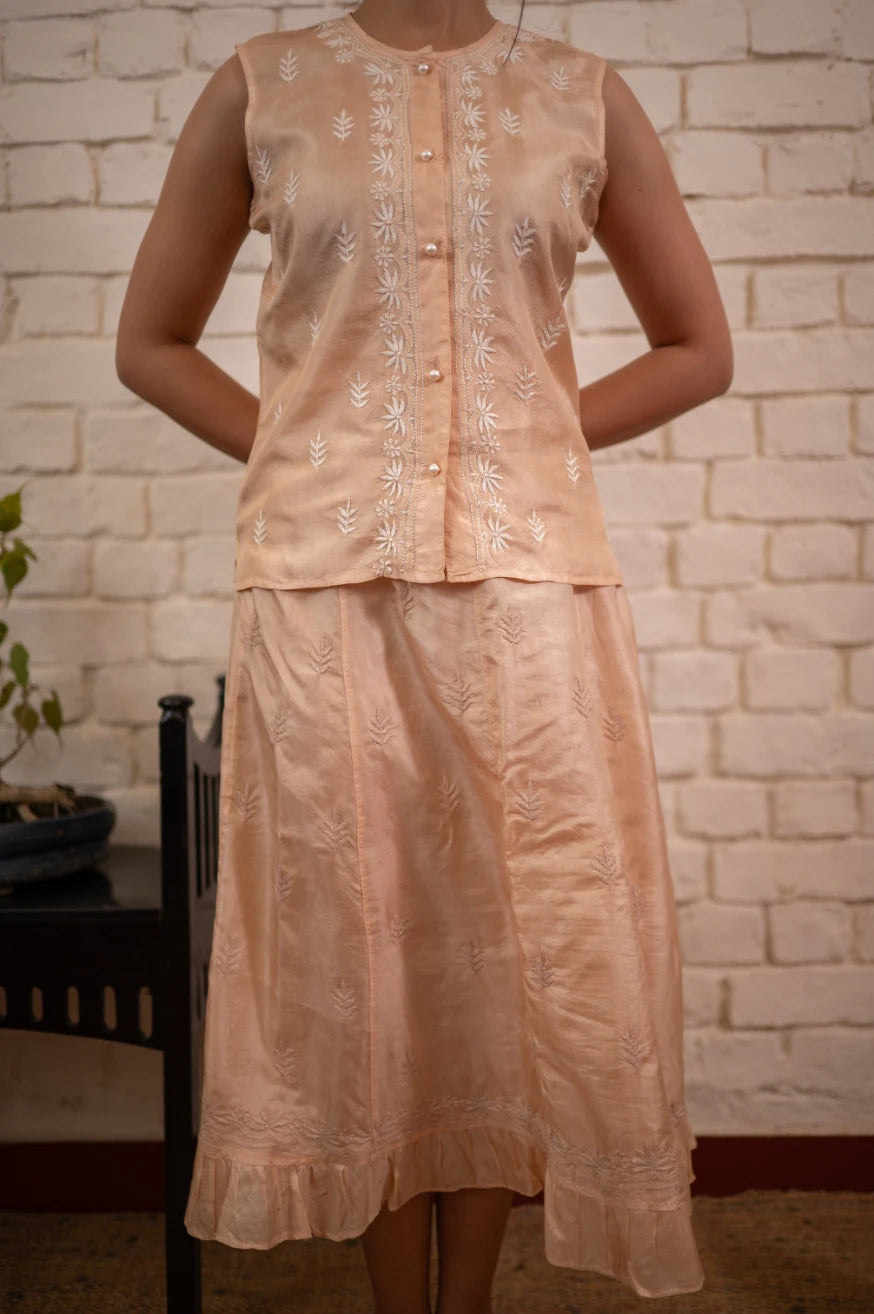 Chikankari Ivory Silk Koti & Skirt Co-ord Set