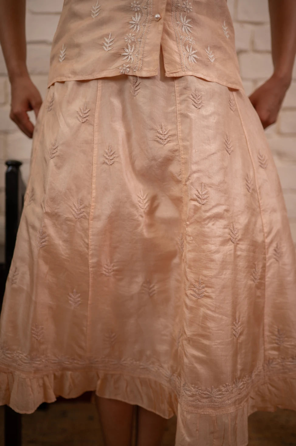 Chikankari Ivory Silk Koti & Skirt Co-ord Set