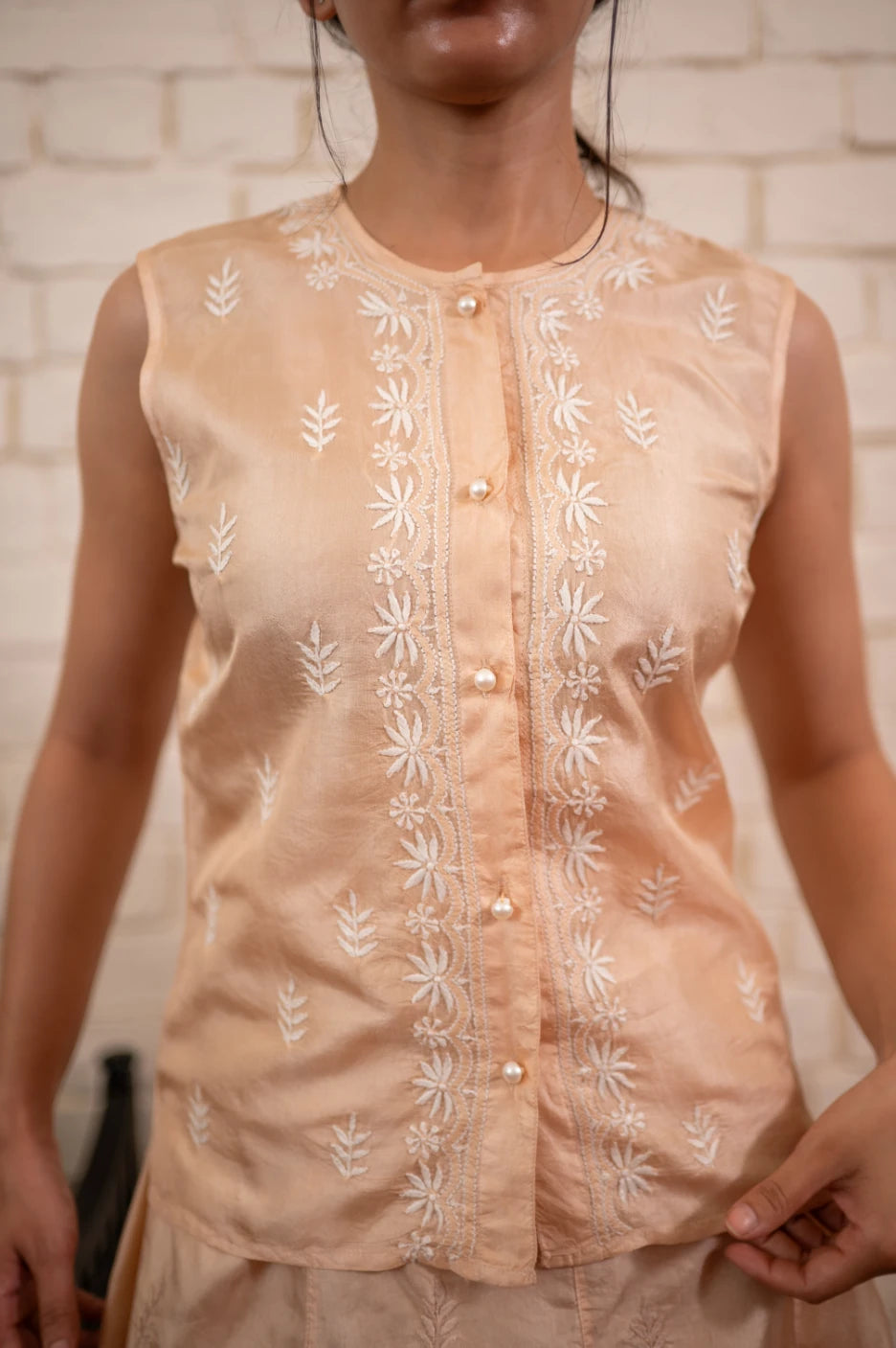 Chikankari Ivory Silk Koti & Skirt Co-ord Set