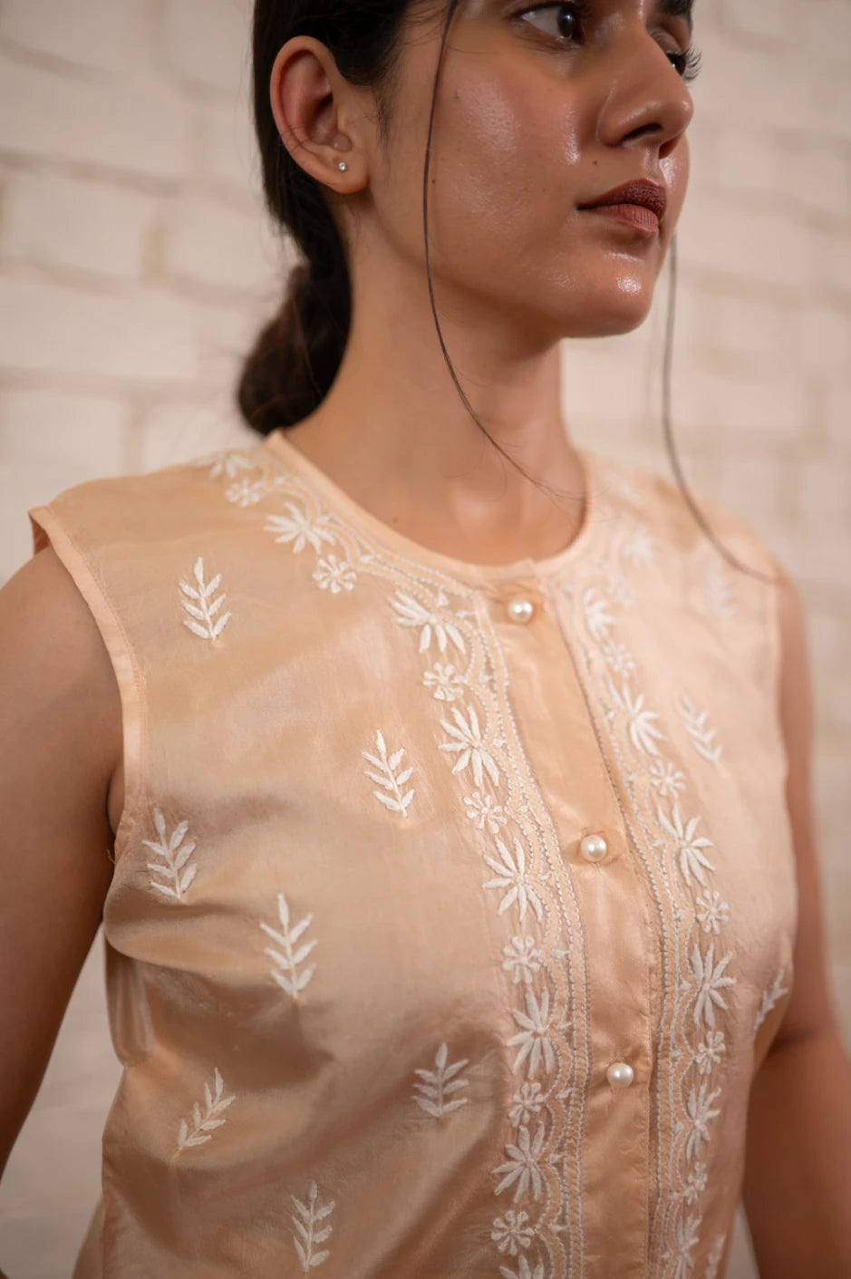 Chikankari Ivory Silk Koti & Skirt Co-ord Set