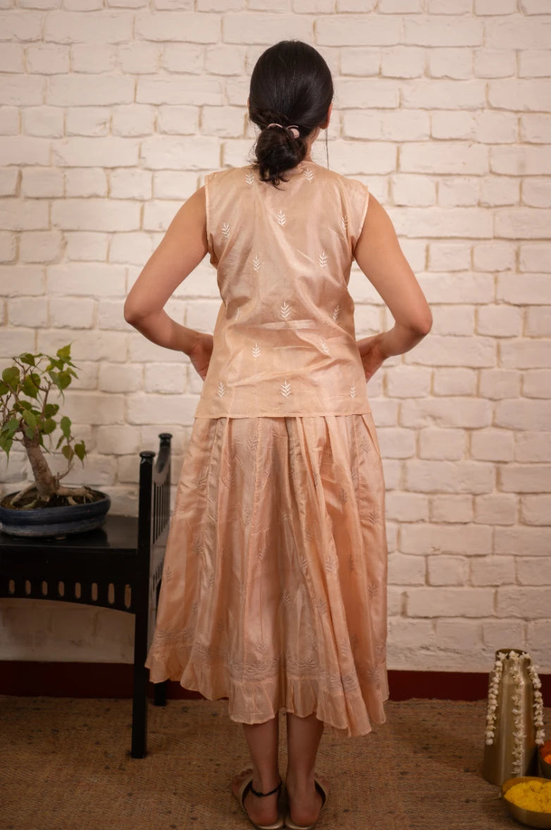 Chikankari Ivory Silk Koti & Skirt Co-ord Set