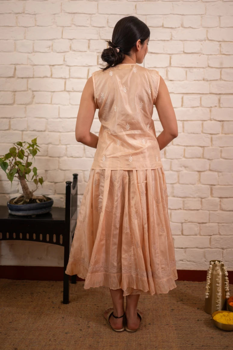 Chikankari Ivory Silk Koti & Skirt Co-ord Set