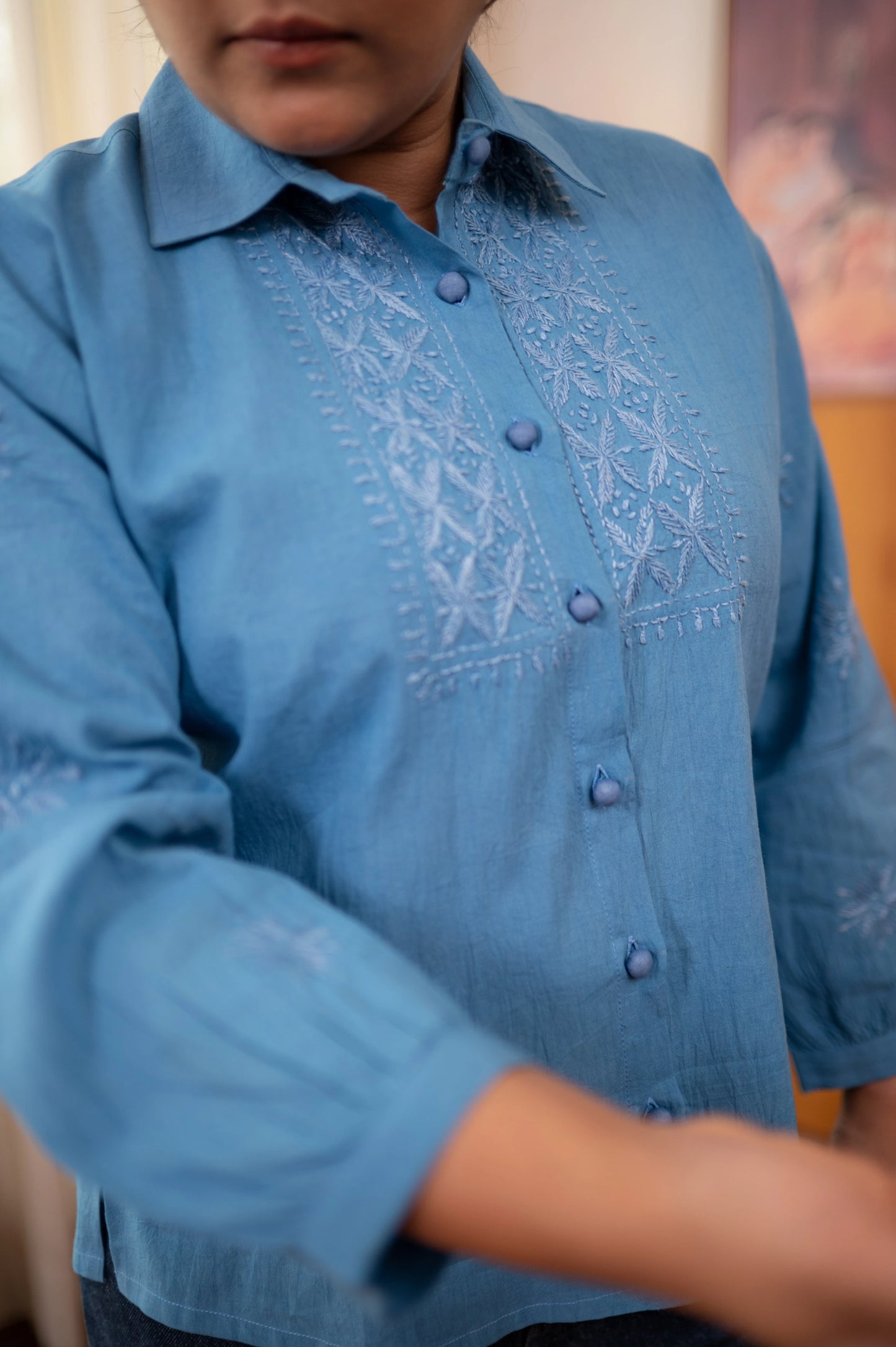 Amhara Soft Summer Chikankari Shirt - Ocean Blue