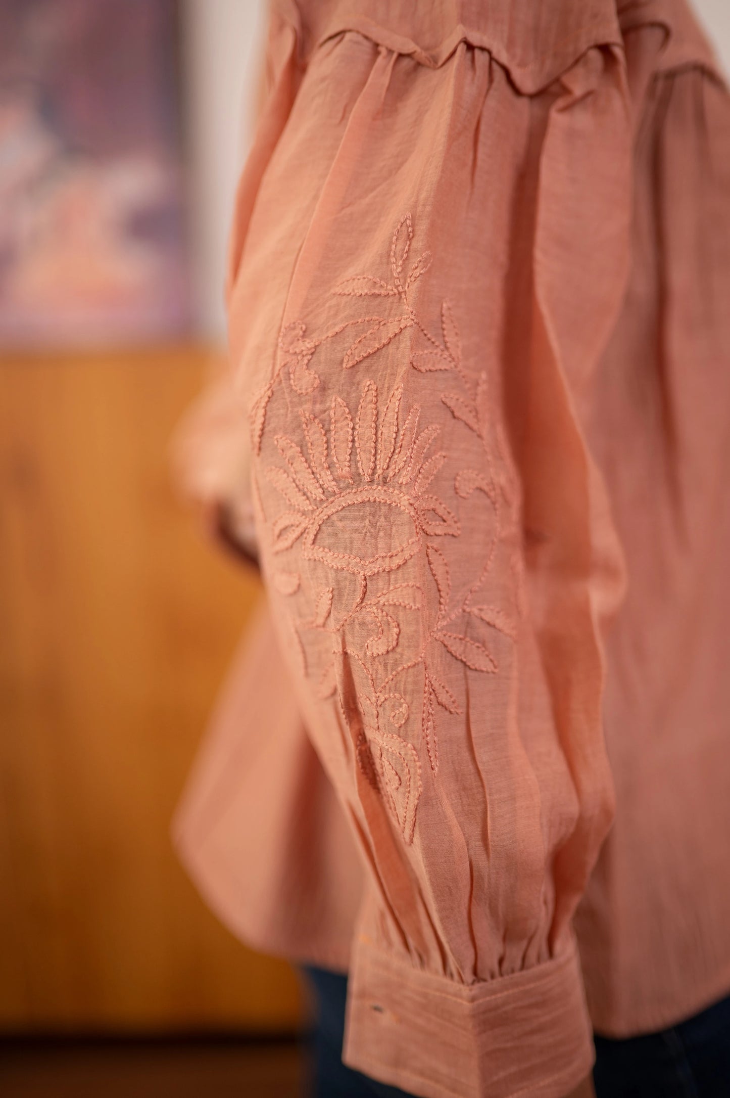 Chikankari Scalloped Baazu Shirt - Coral