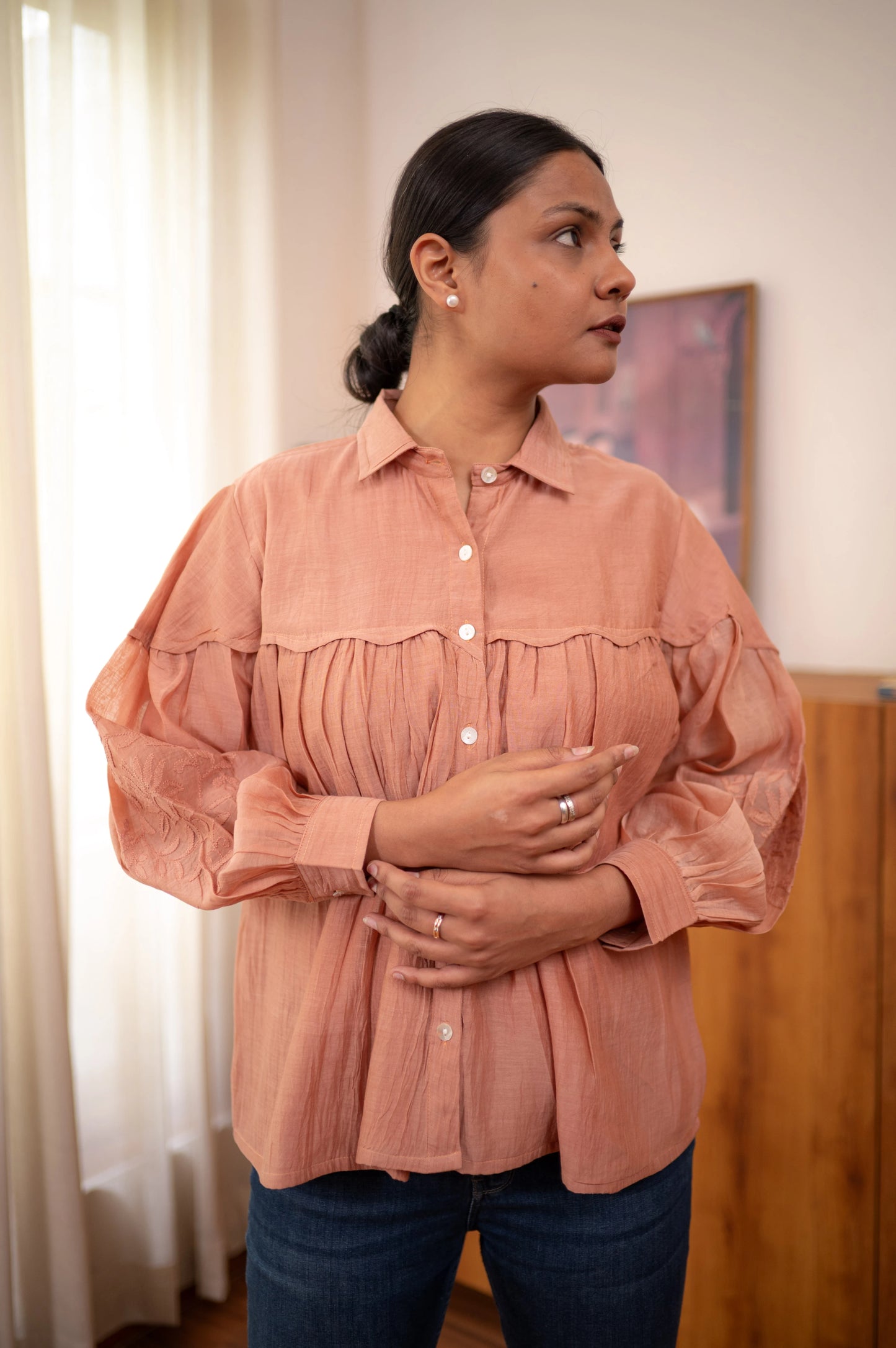 Chikankari Scalloped Baazu Shirt - Coral