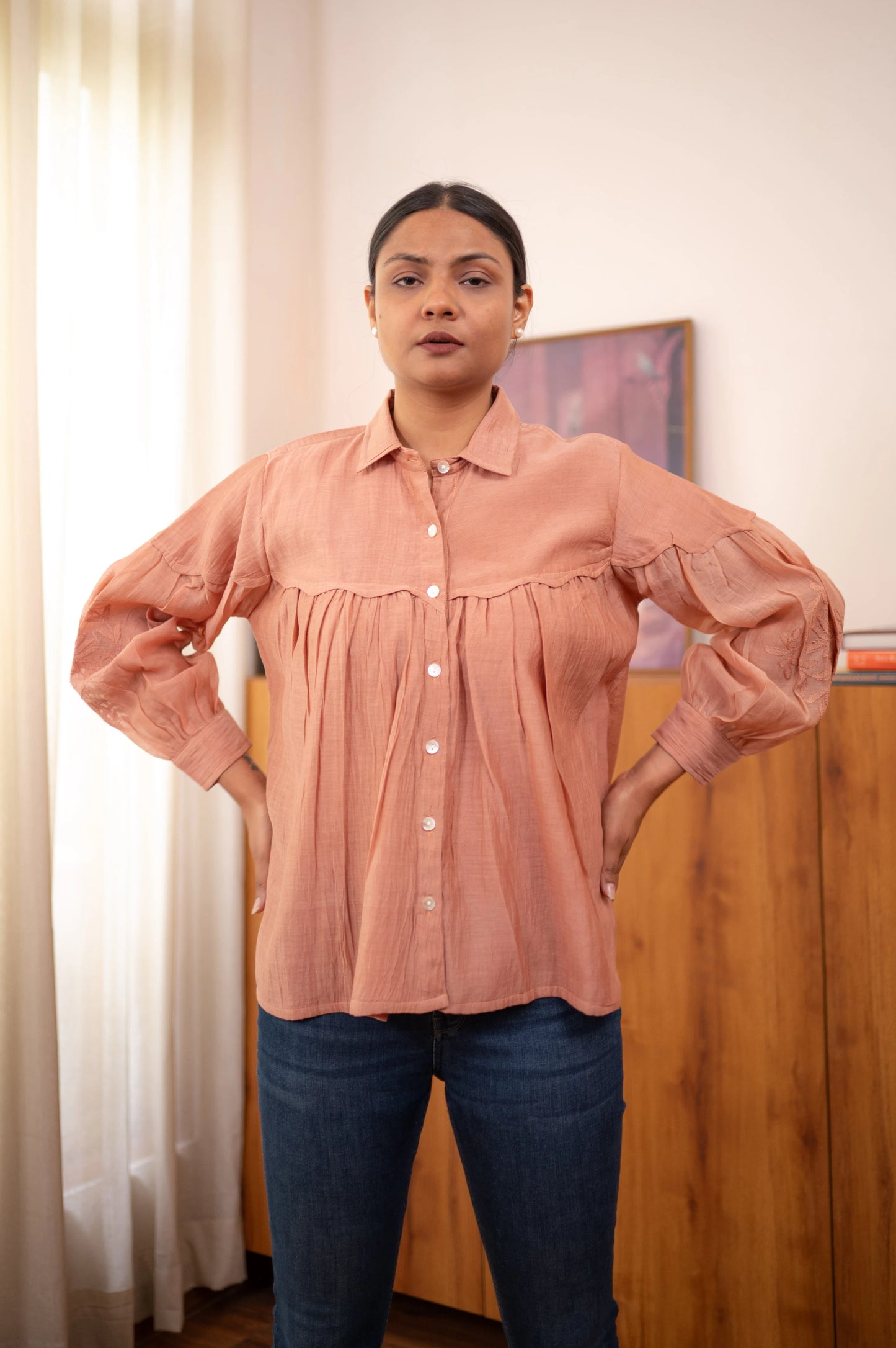 Chikankari Scalloped Baazu Shirt - Coral