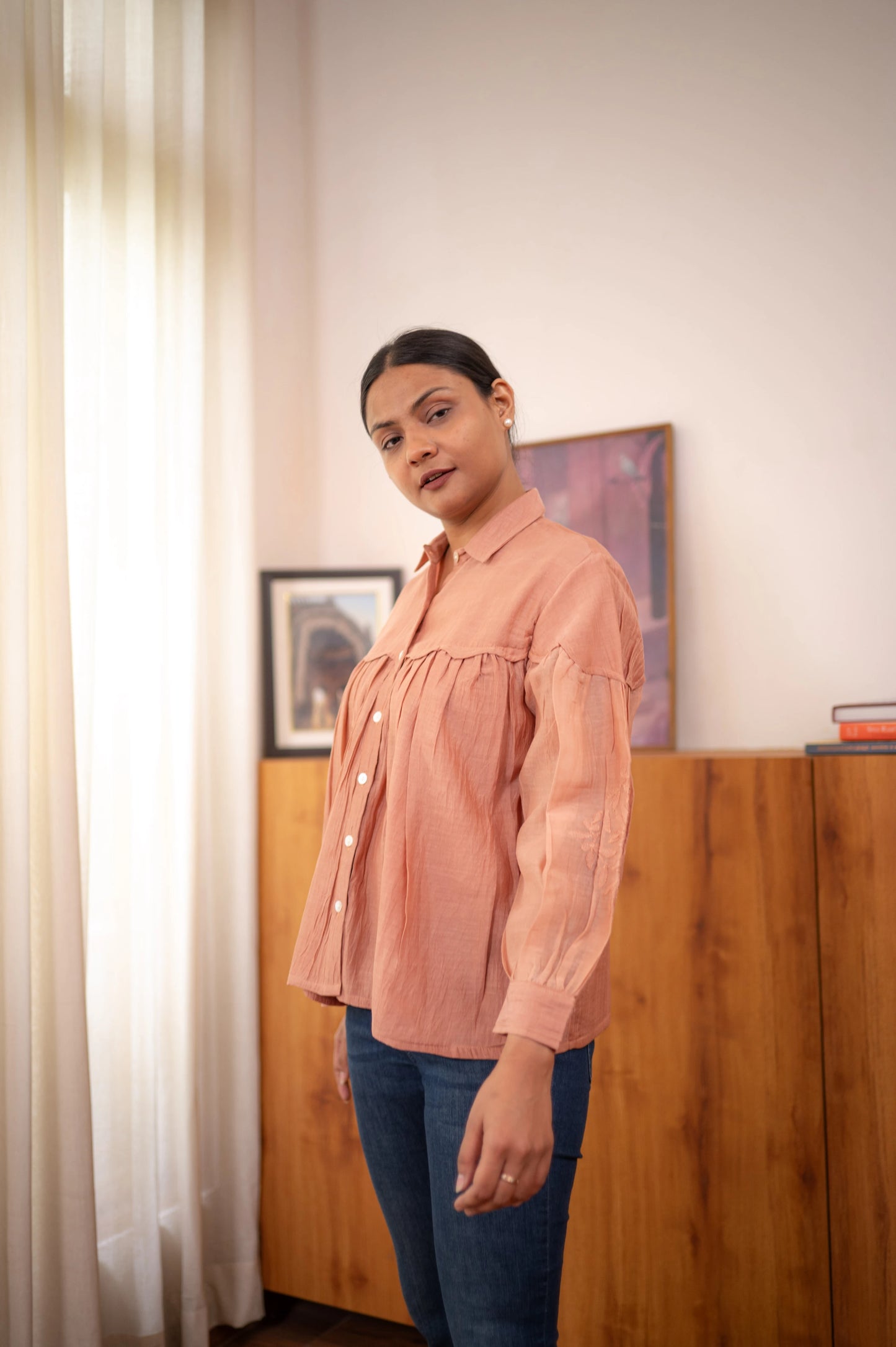 Chikankari Scalloped Baazu Shirt - Coral