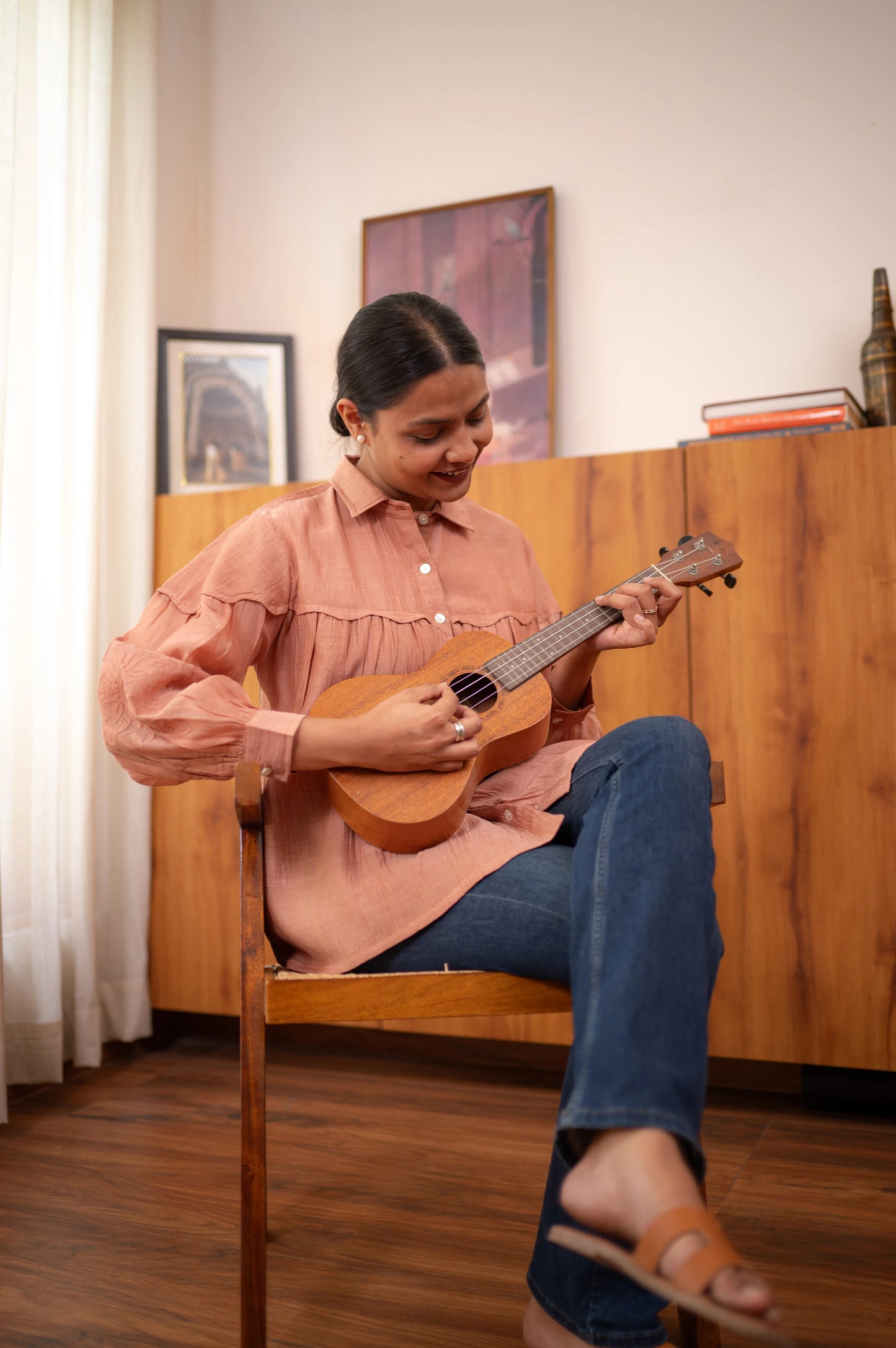 Chikankari Scalloped Baazu Shirt - Coral