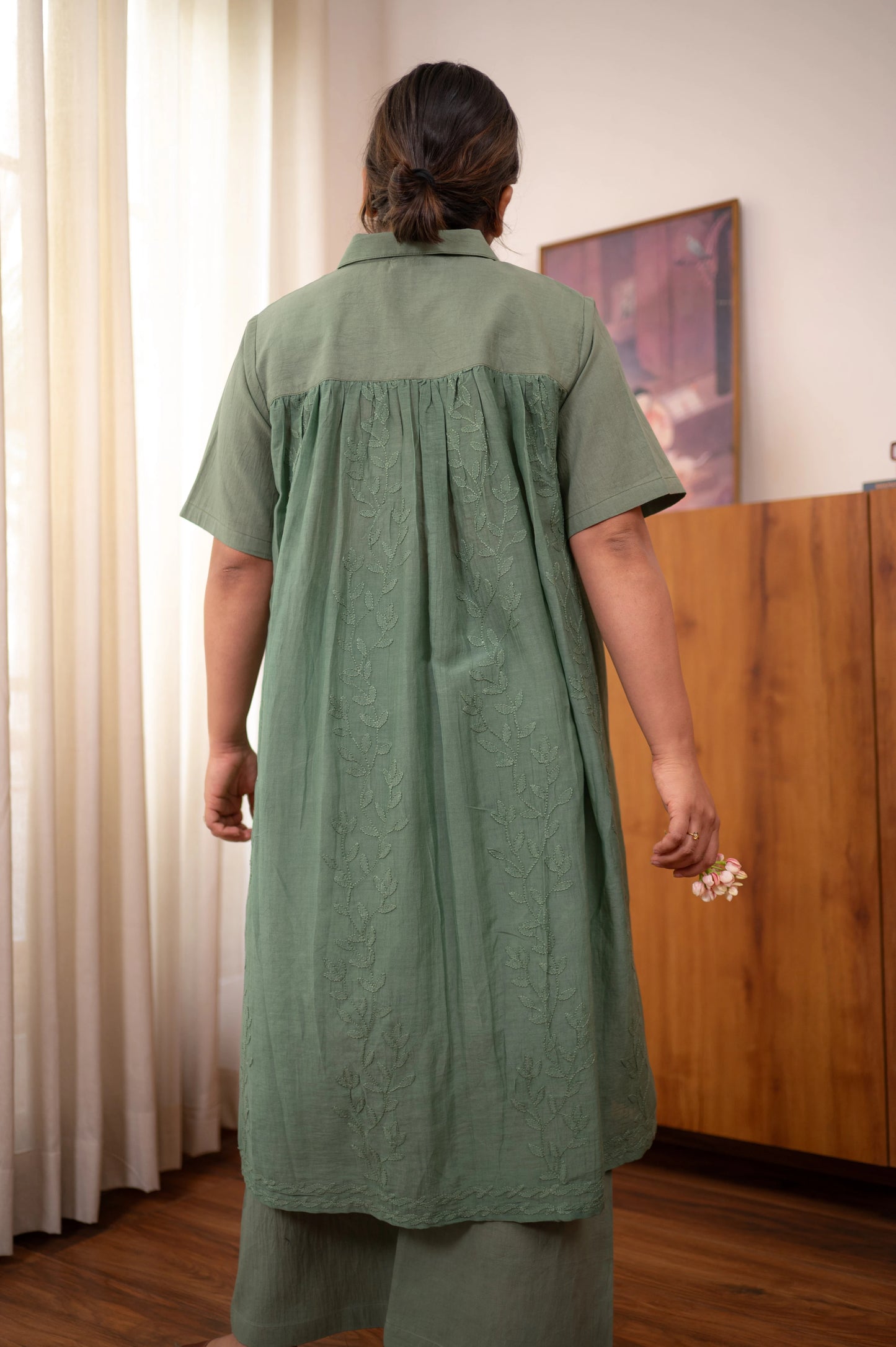Back Gathers Chikankari Co-ord Set 2.0 - Olive Moss
