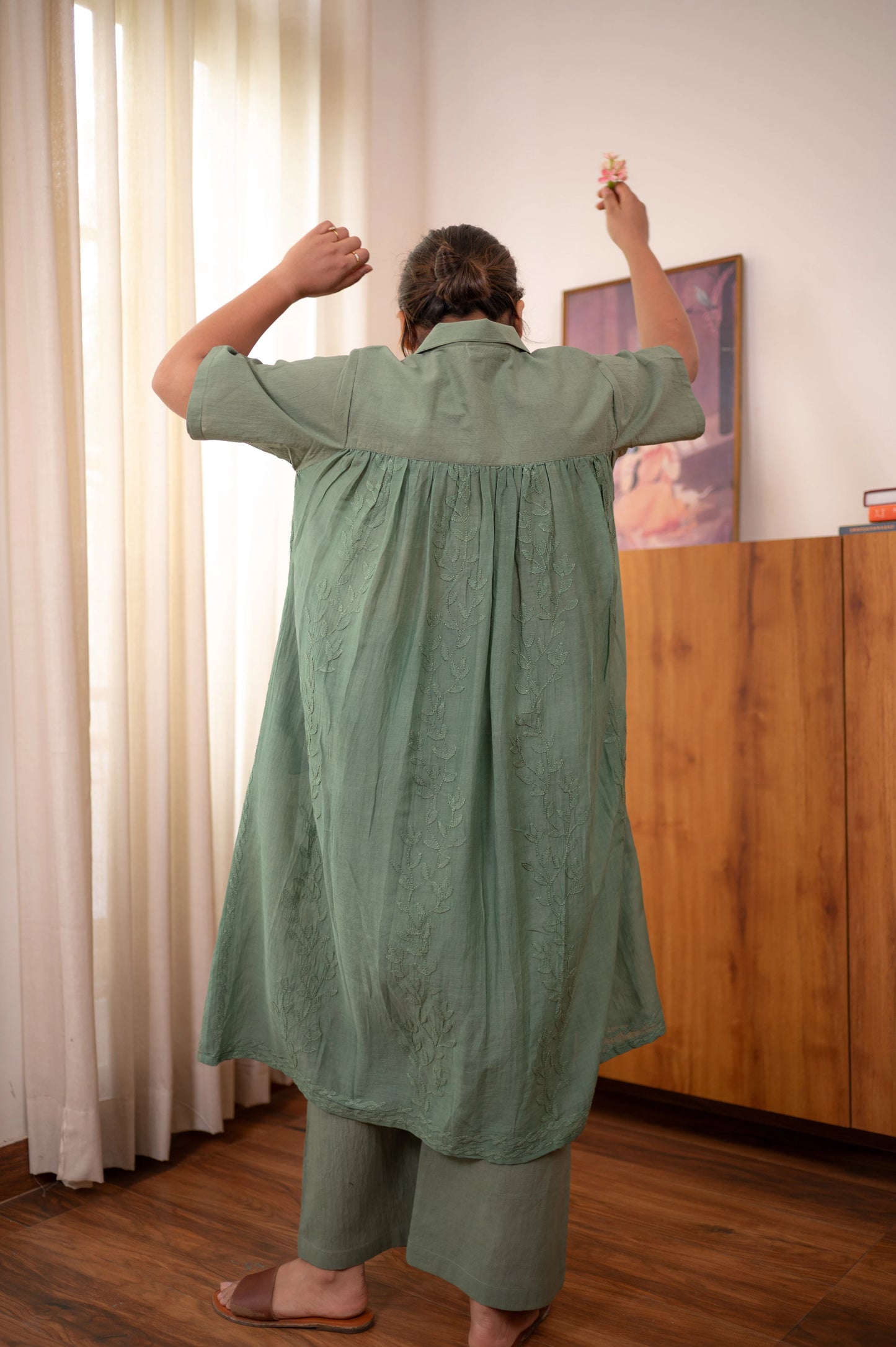 Back Gathers Chikankari Co-ord Set 2.0 - Olive Moss