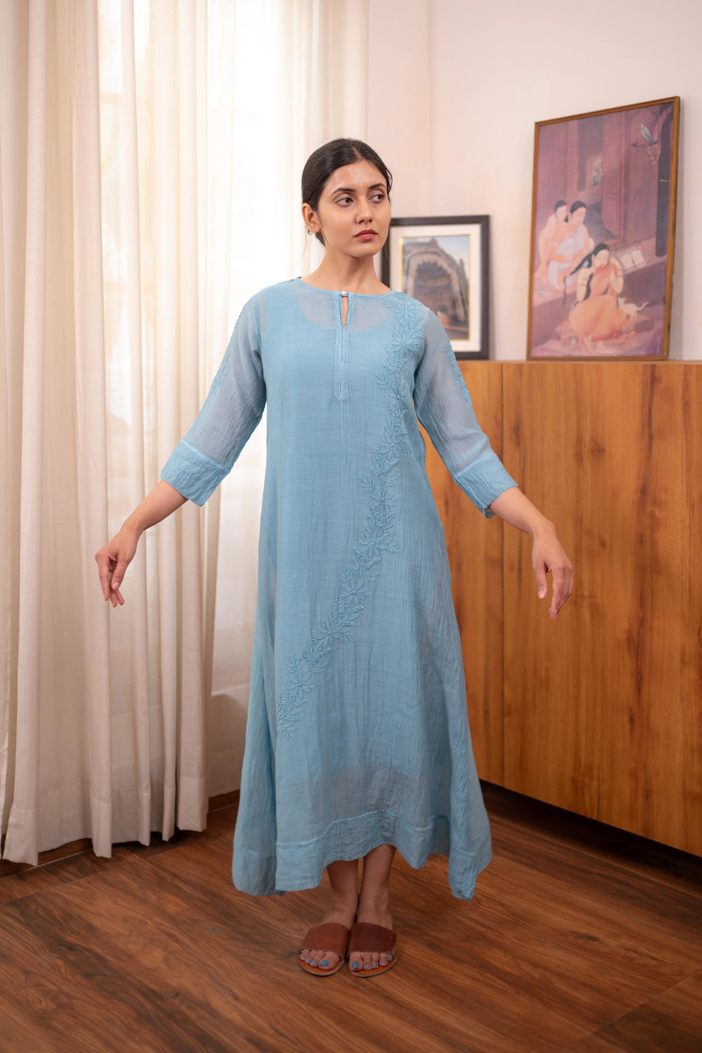 Amhara Soft Summer Chikankari Sleeve Dress - Mist Blue