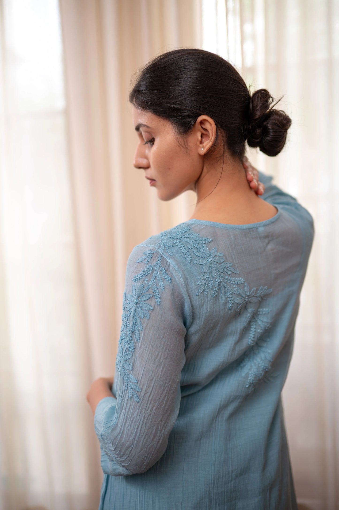 Amhara Soft Summer Chikankari Sleeve Dress - Mist Blue