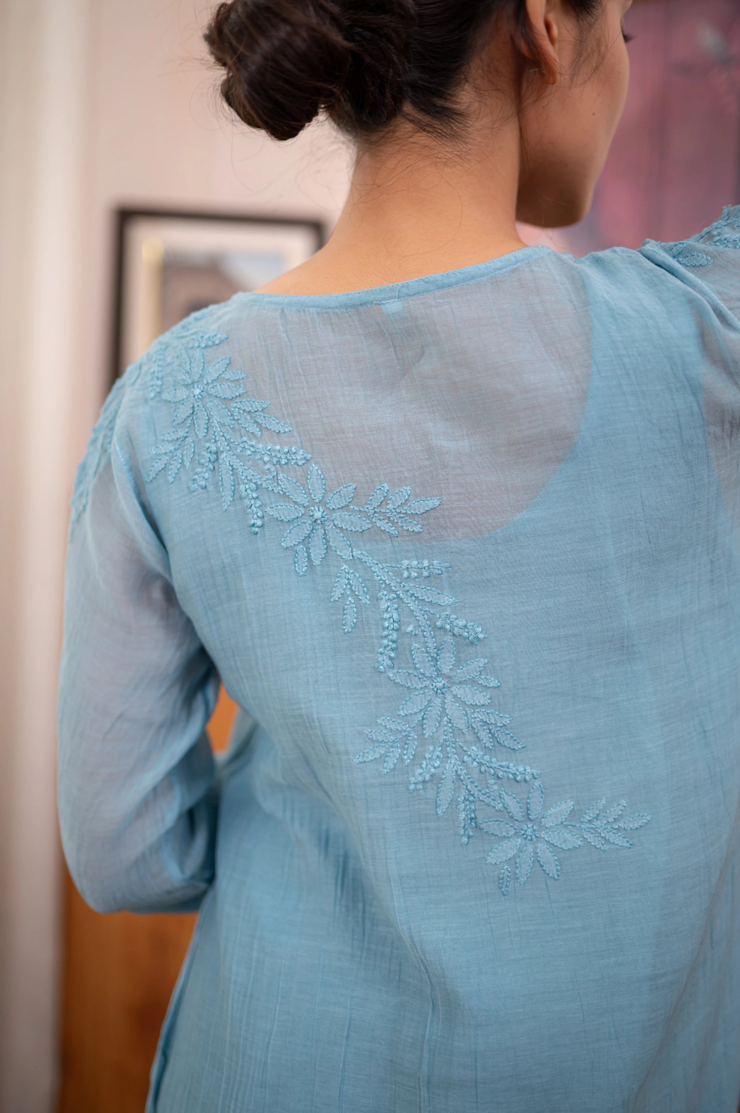 Amhara Soft Summer Chikankari Sleeve Dress - Mist Blue