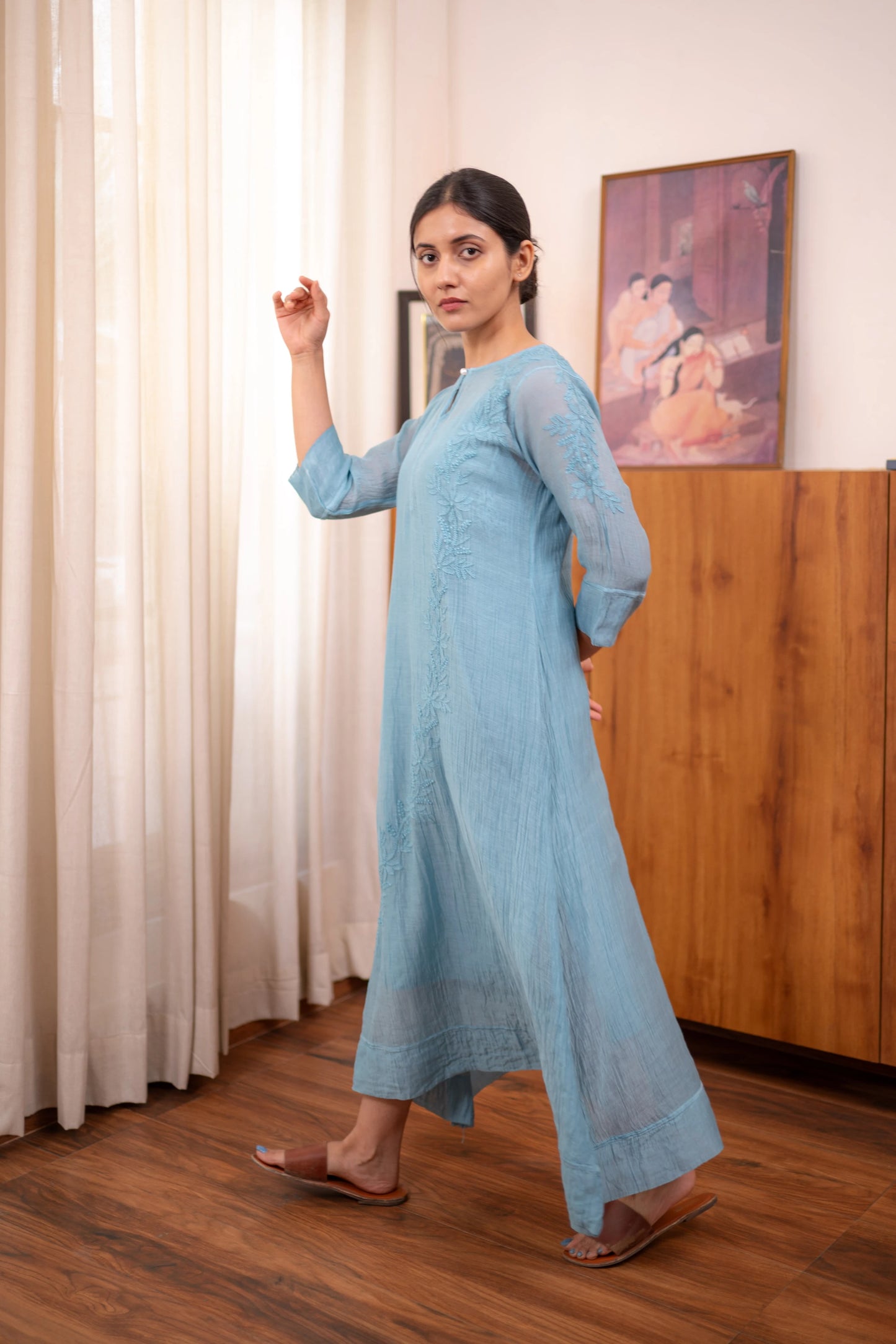 Amhara Soft Summer Chikankari Sleeve Dress - Mist Blue