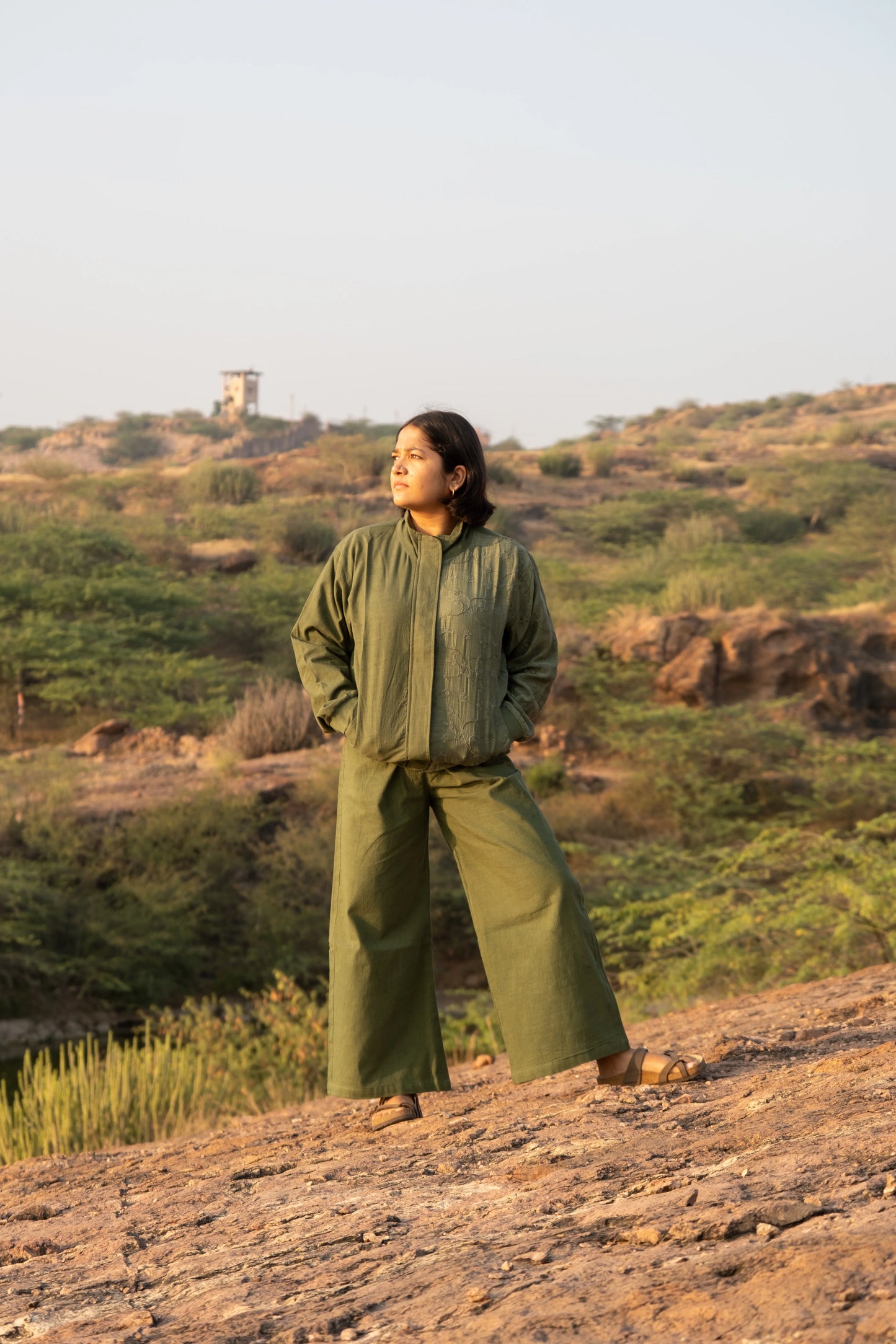 Amhara Chikankari Bomber Jacket - Olive Moss