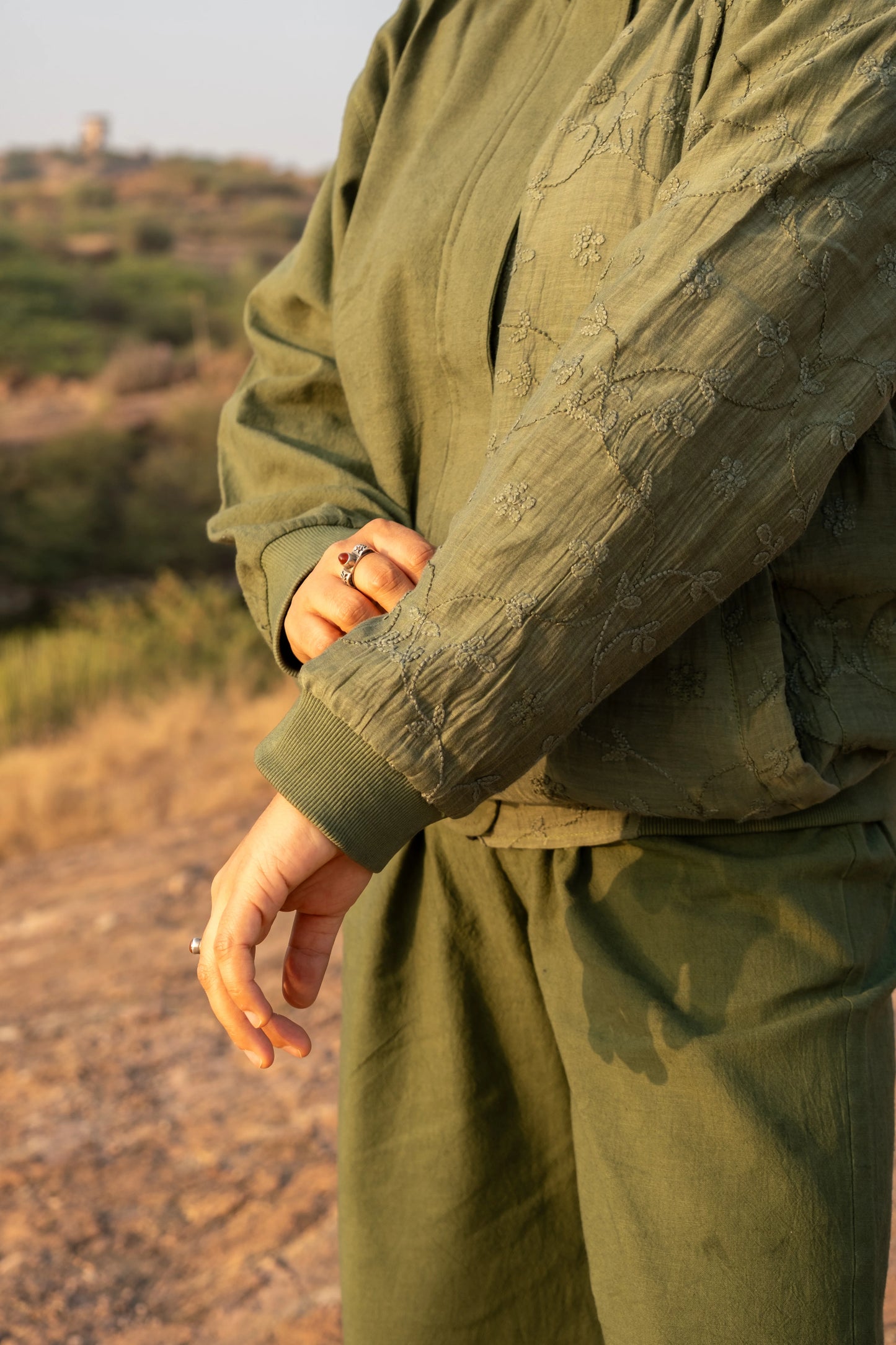 Amhara Chikankari Bomber Jacket - Olive Moss