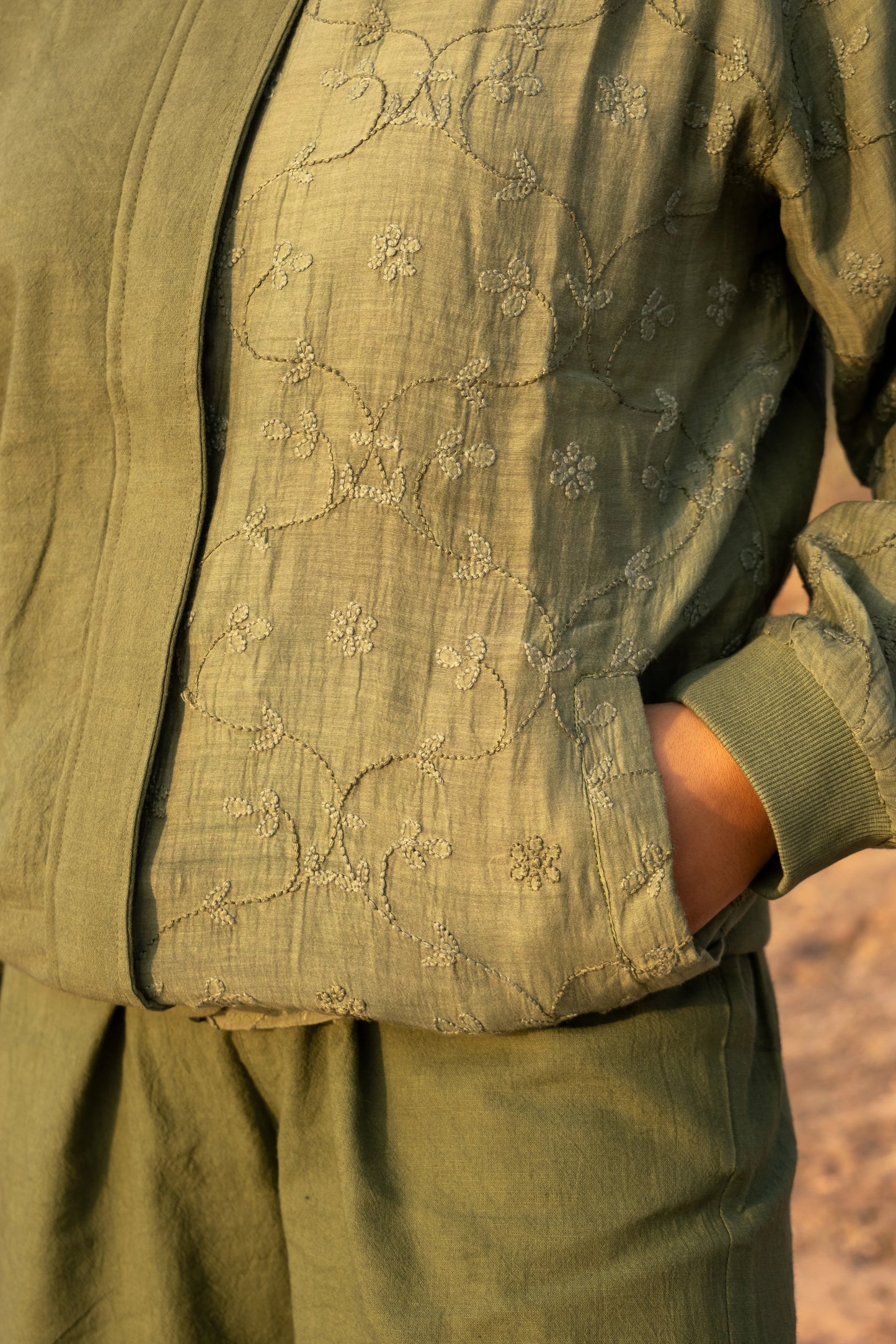 Amhara Chikankari Bomber Jacket - Olive Moss