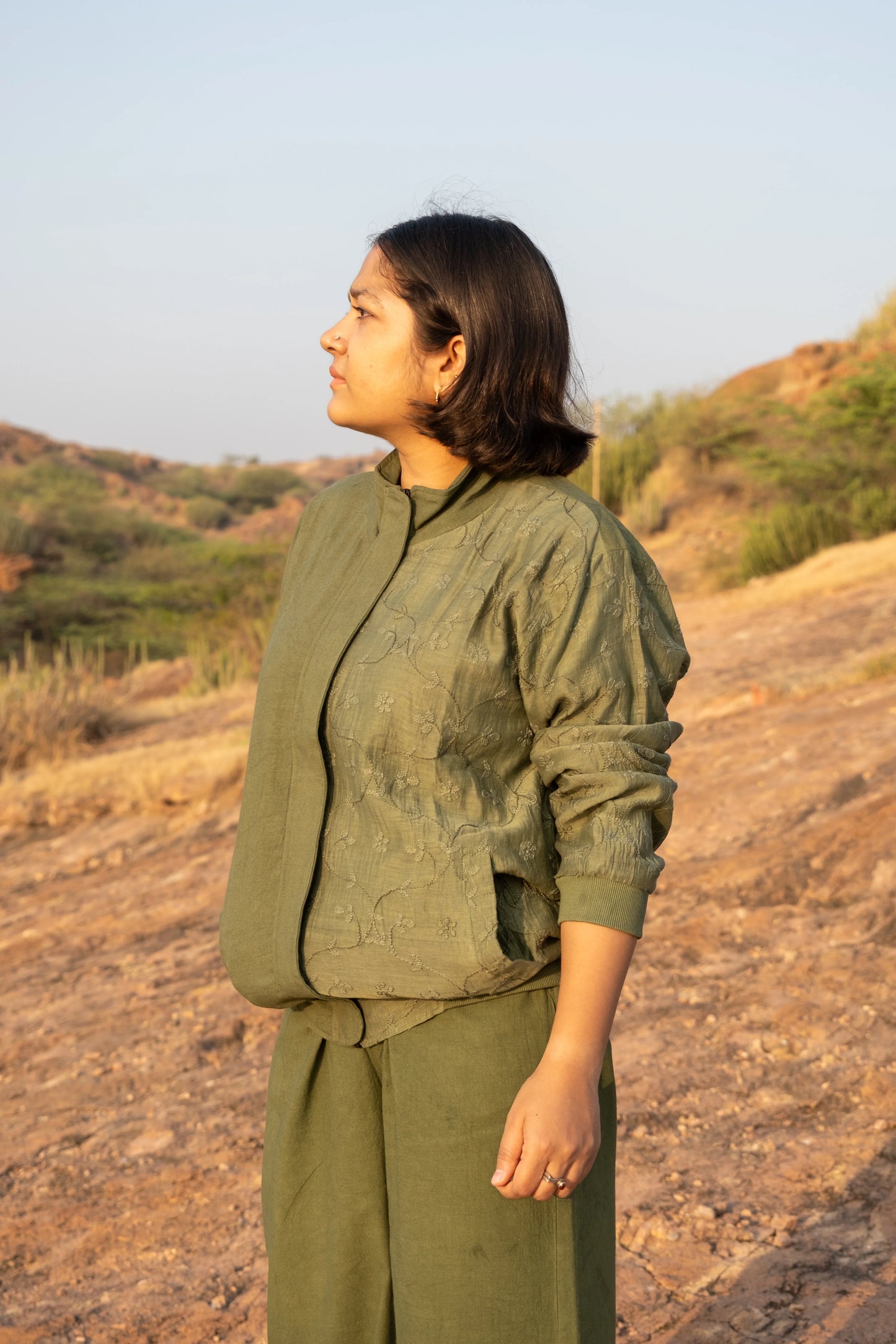 Amhara Chikankari Bomber Jacket - Olive Moss