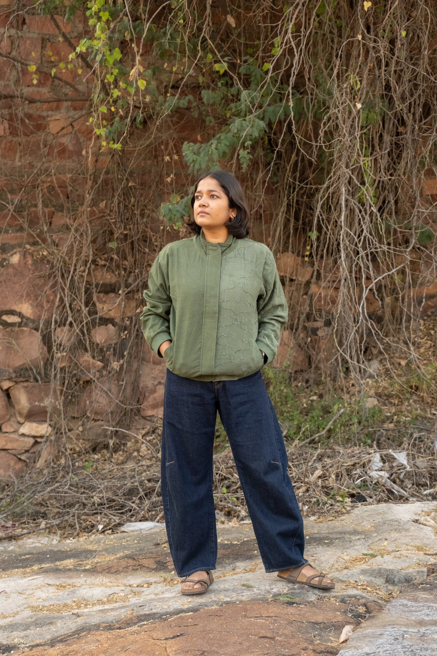 Amhara Chikankari Bomber Jacket - Olive Moss