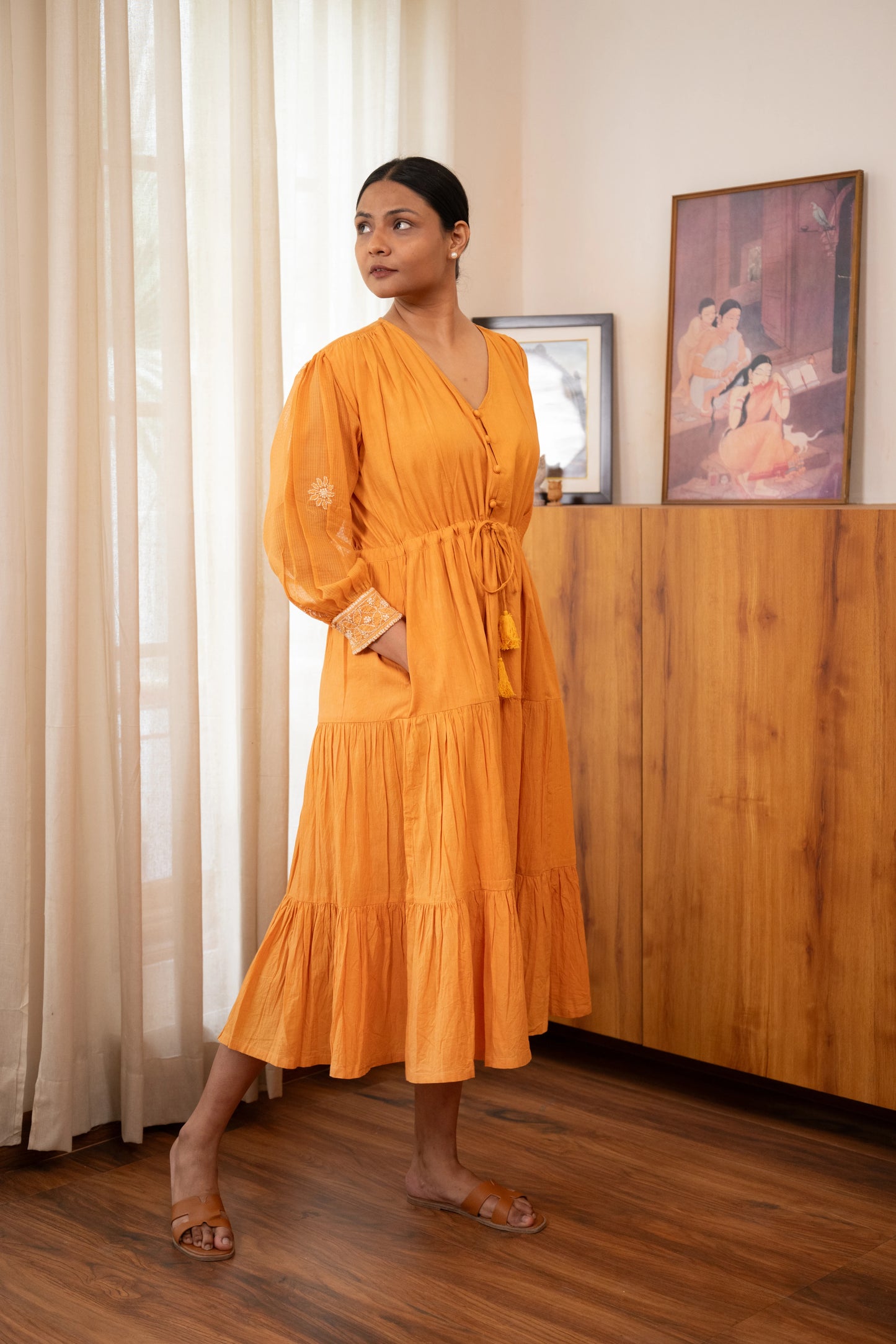 Chikankari Baazu Layered Dress - Tangerine
