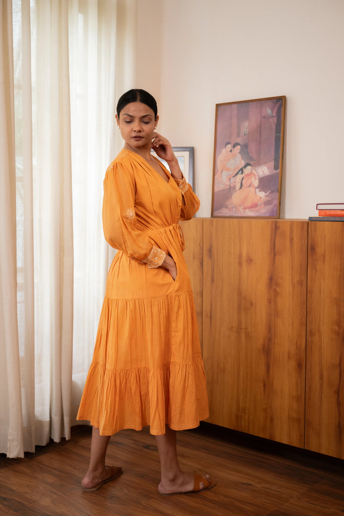 Chikankari Baazu Layered Dress - Tangerine