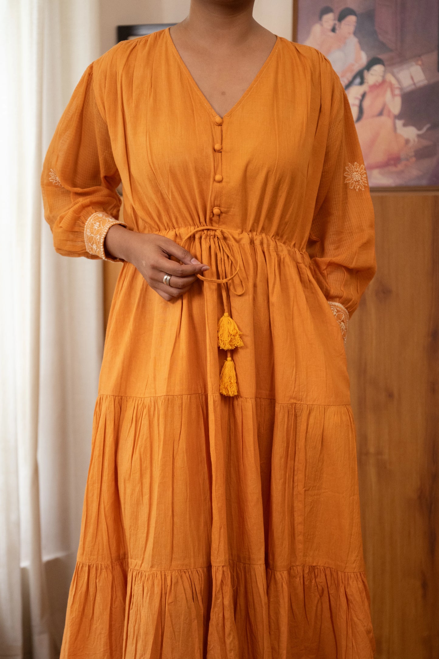 Chikankari Baazu Layered Dress - Tangerine