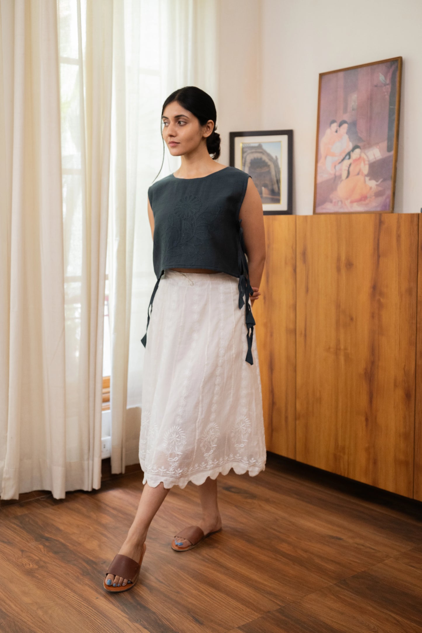 Chikankari Panelled A-line Skirt - Moonwhite