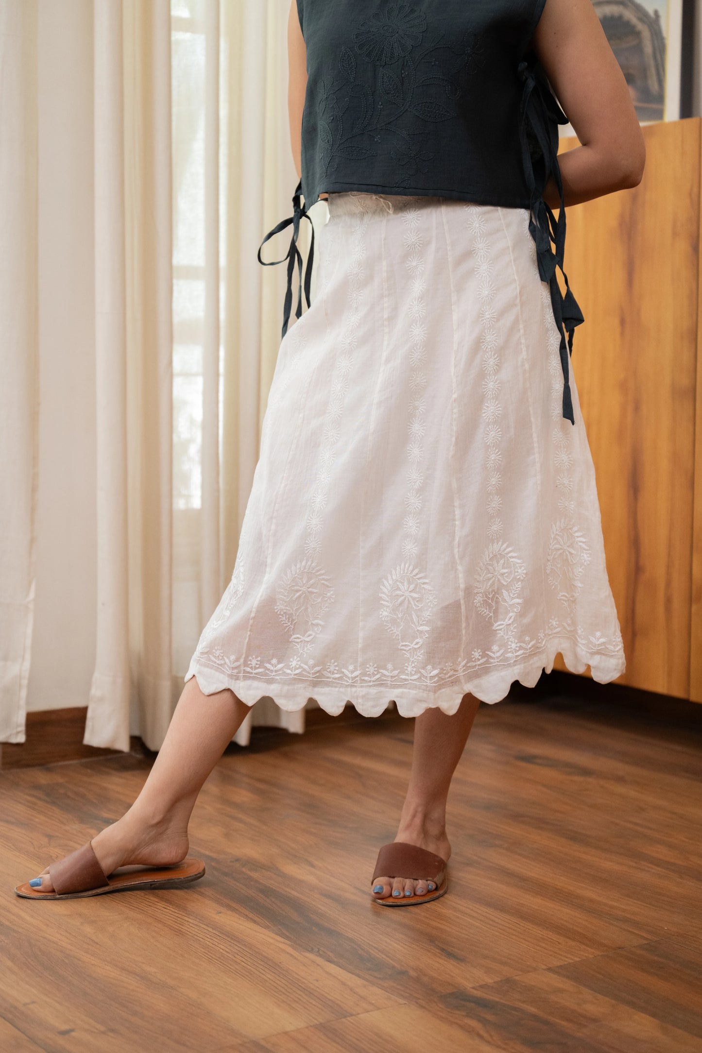 Chikankari Panelled A-line Skirt - Moonwhite