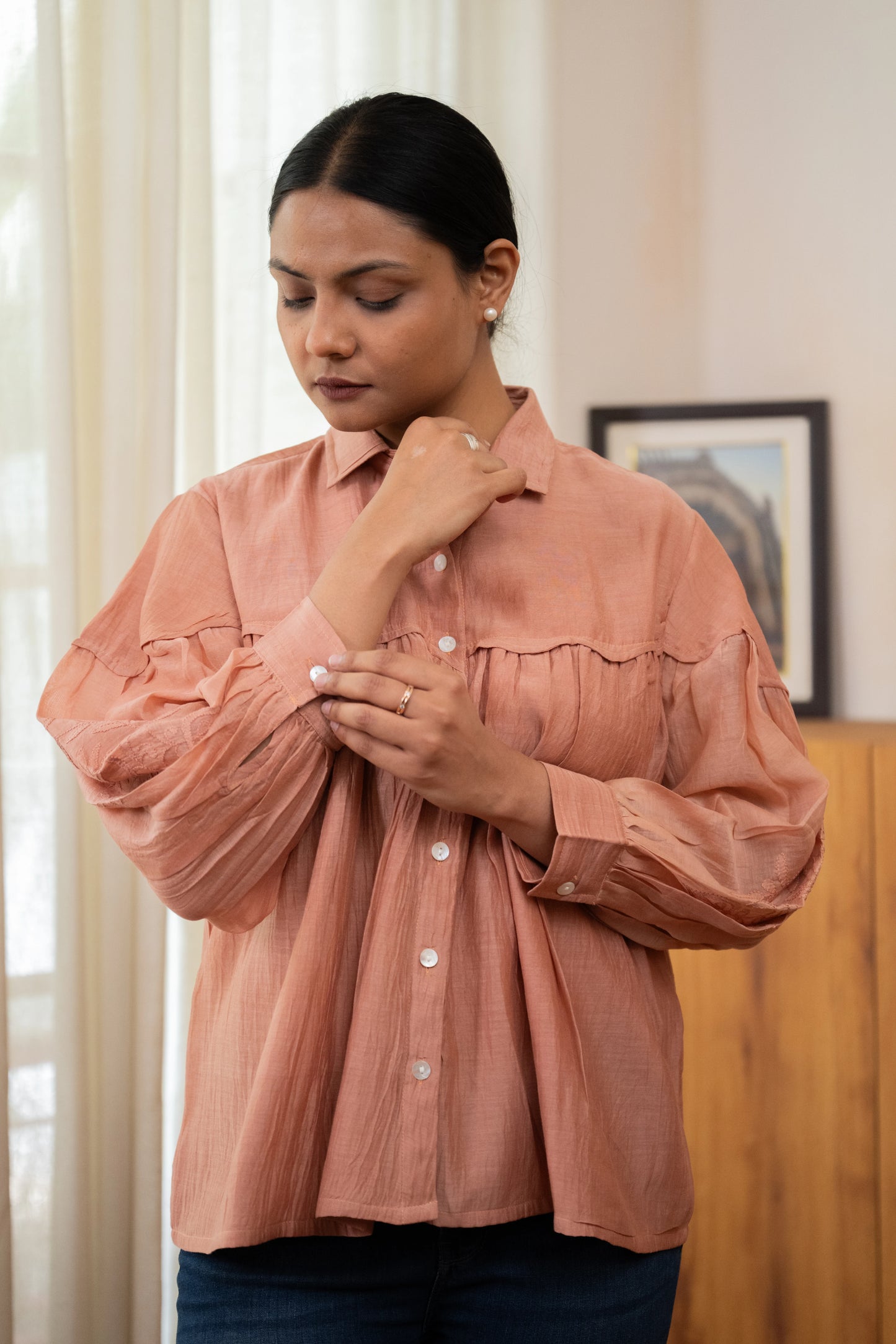 Chikankari Scalloped Baazu Shirt - Coral