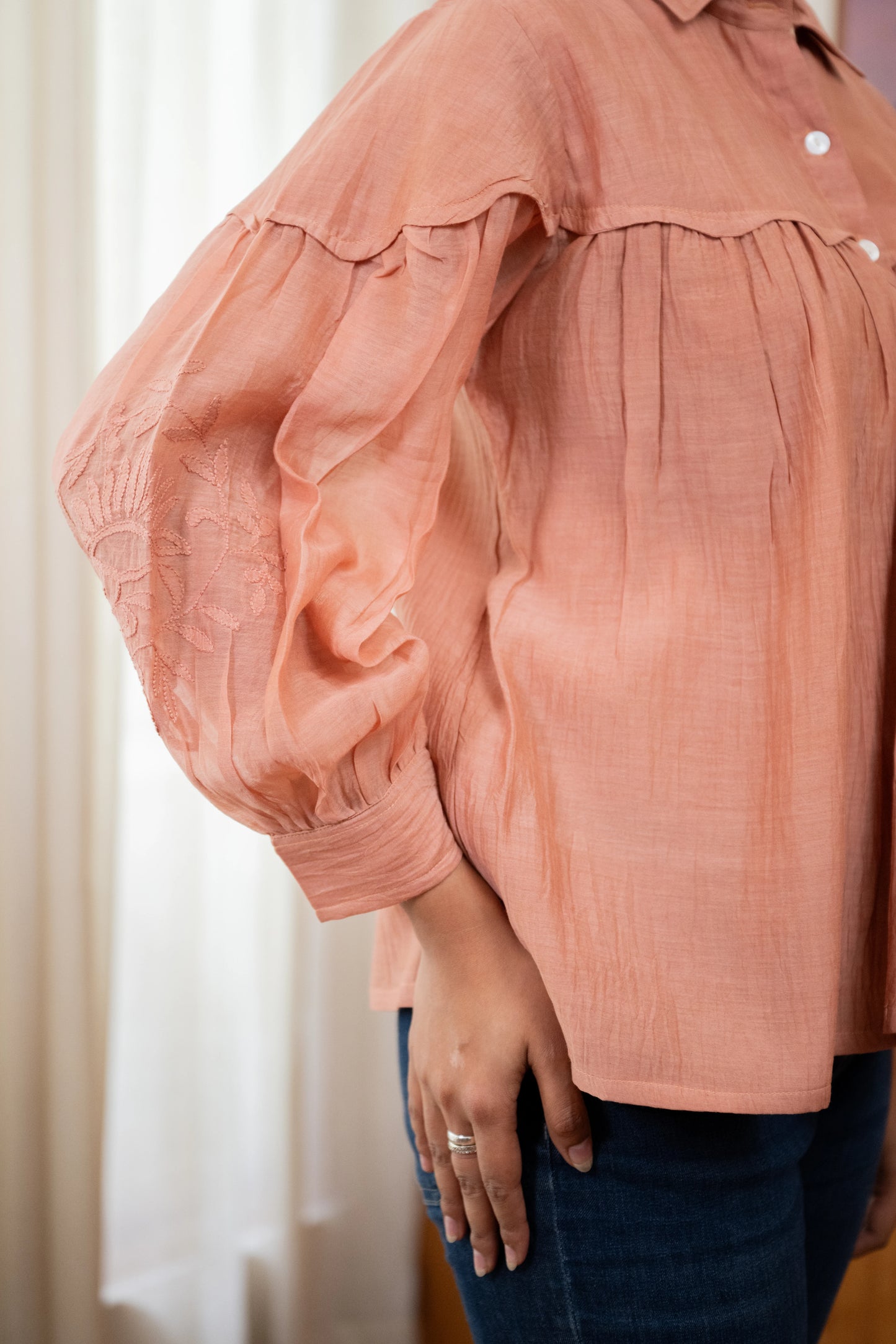 Chikankari Scalloped Baazu Shirt - Coral