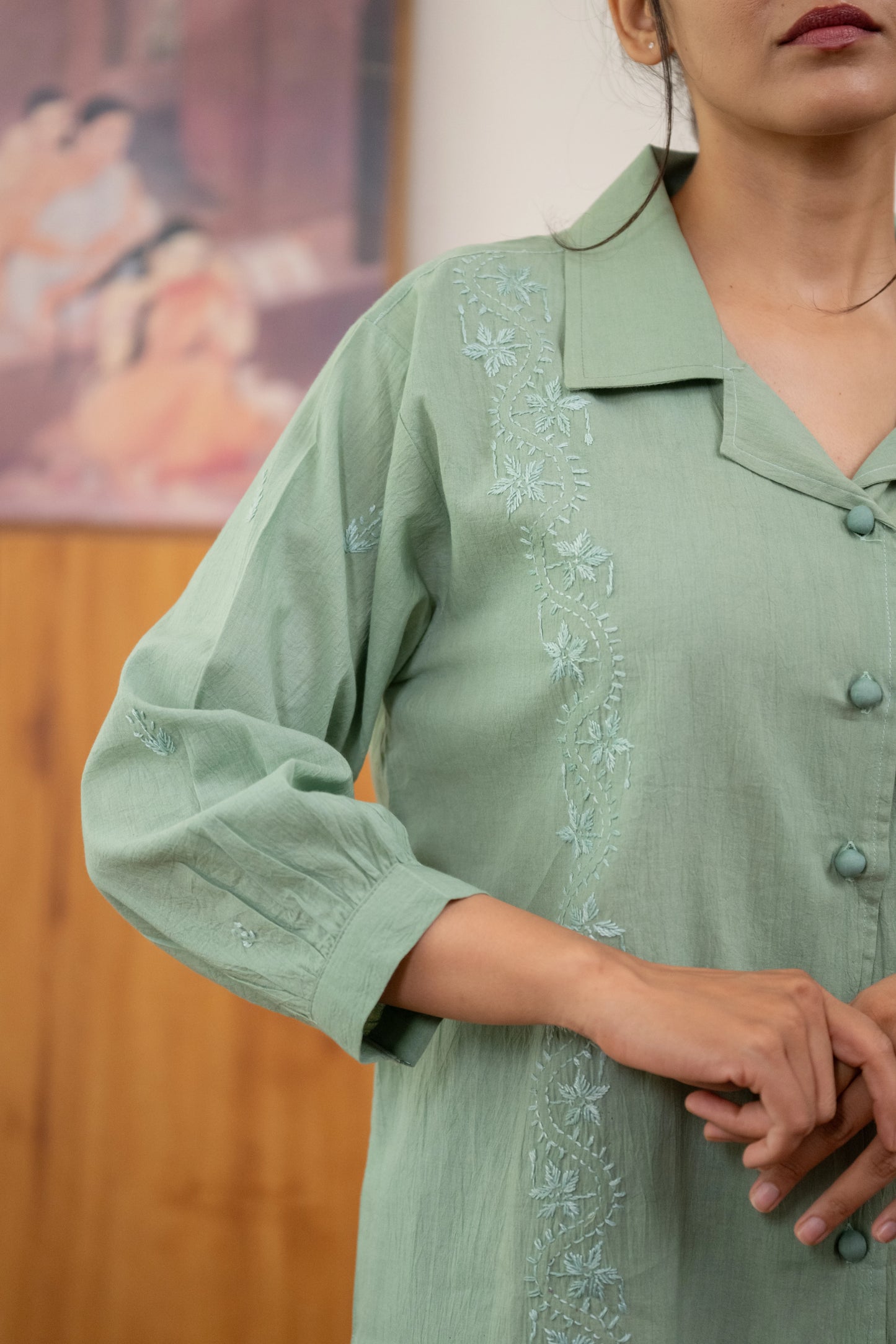 Amhara Soft Summer Chikankari Shirt - Elaichi Green