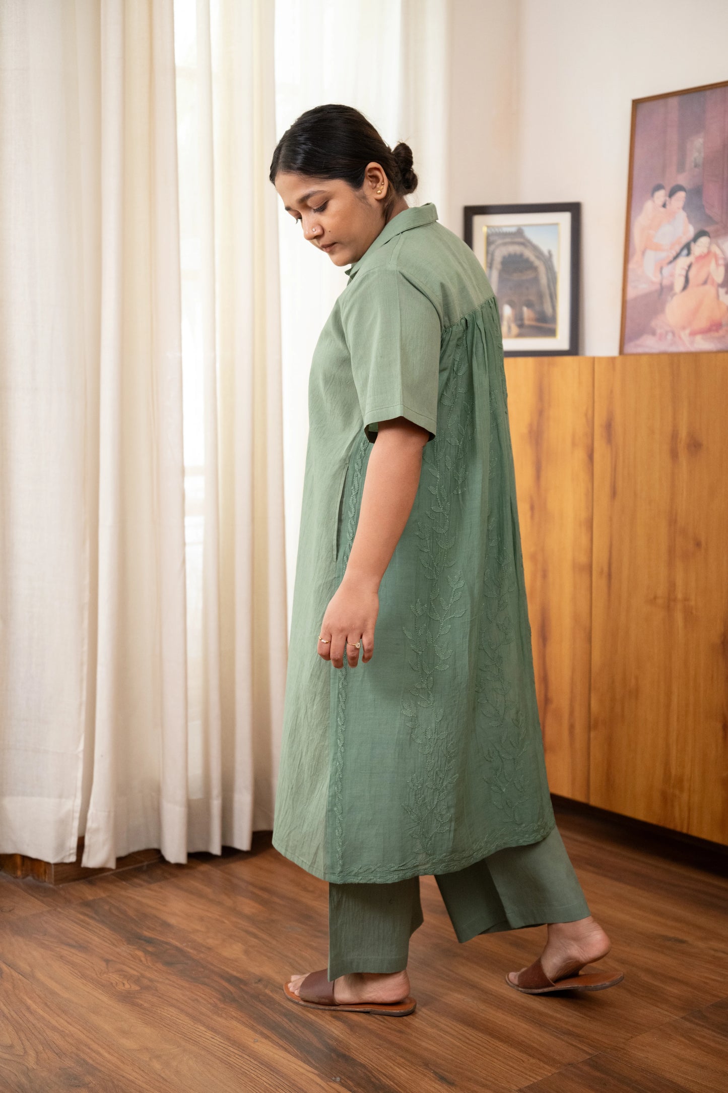 Back Gathers Chikankari Co-ord Set 2.0 - Olive Moss