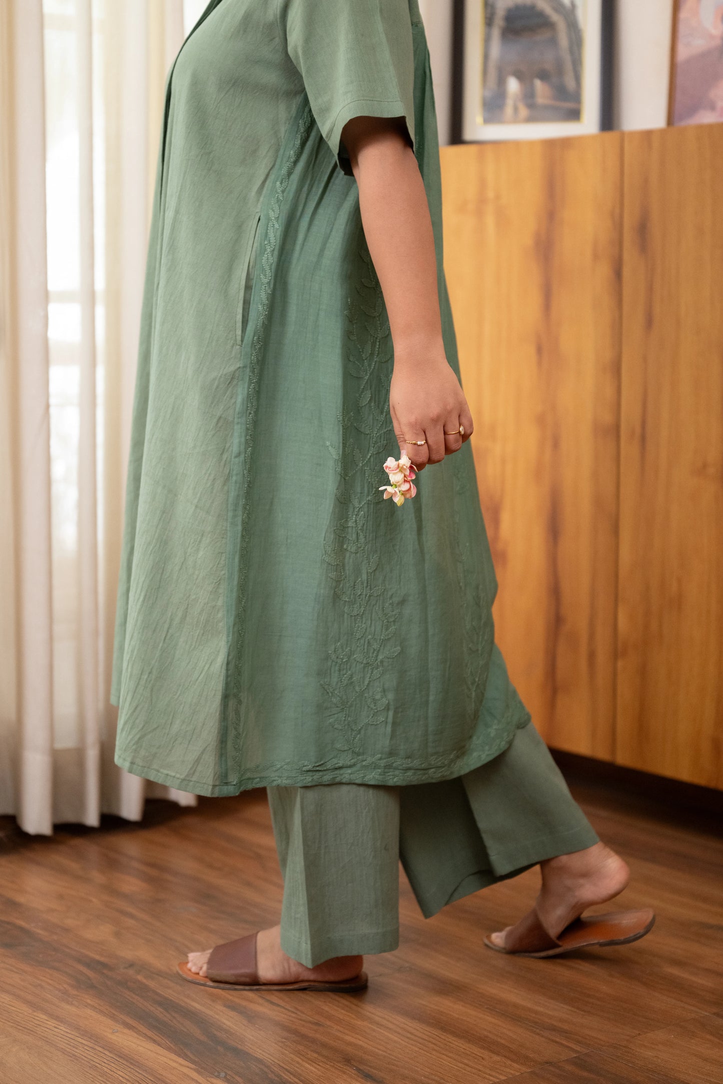 Back Gathers Chikankari Co-ord Set 2.0 - Olive Moss