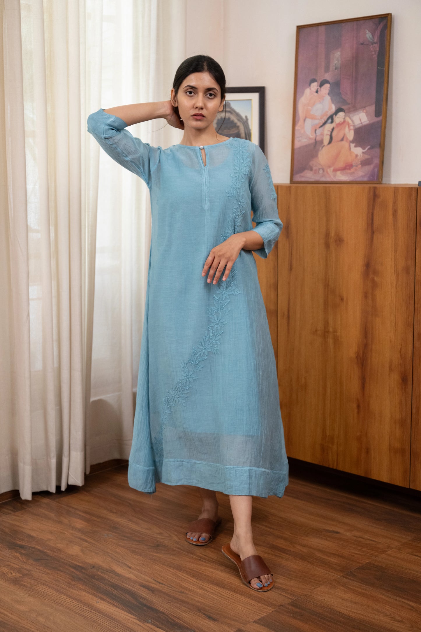 Amhara Soft Summer Chikankari Sleeve Dress - Mist Blue