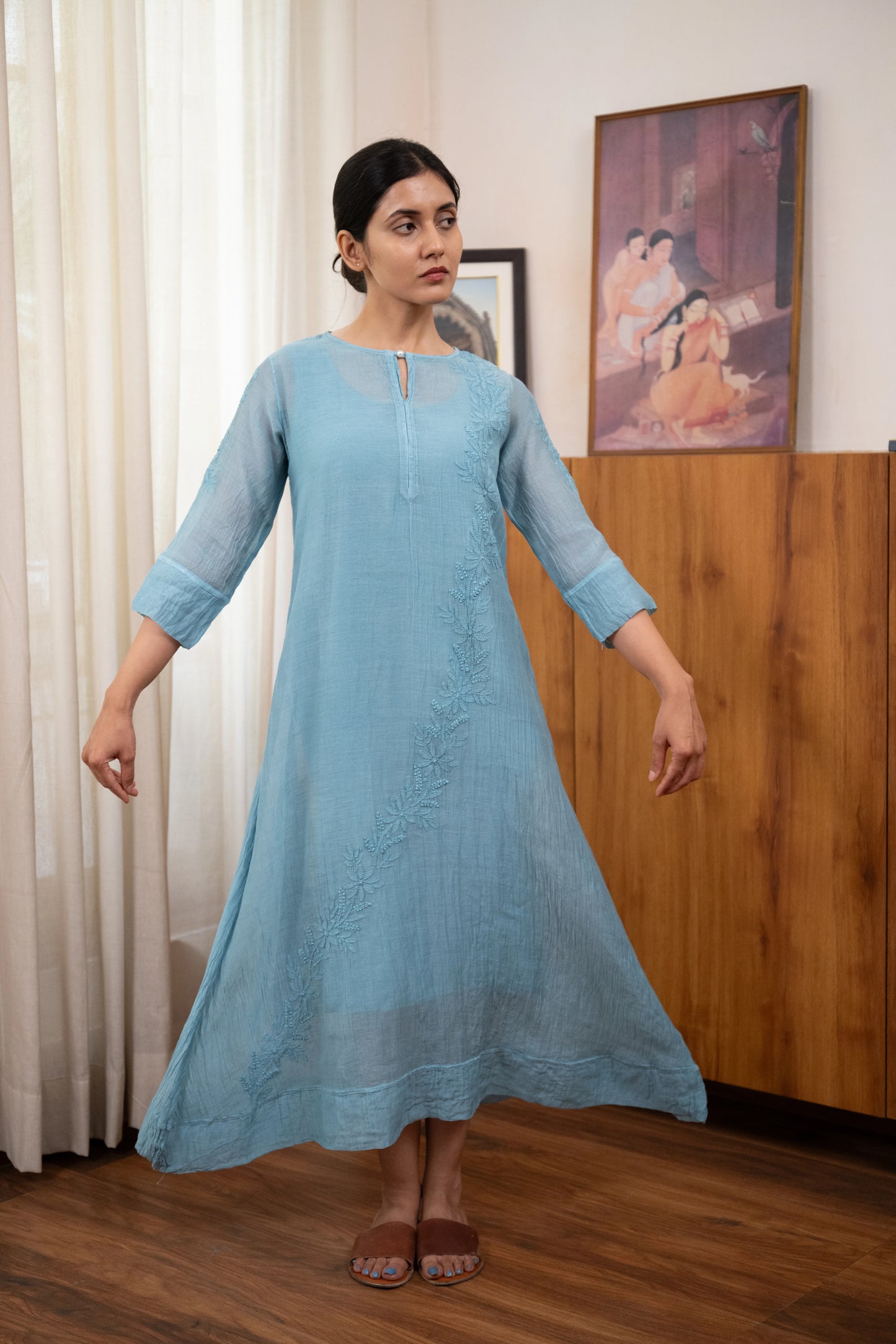 Amhara Soft Summer Chikankari Sleeve Dress - Mist Blue