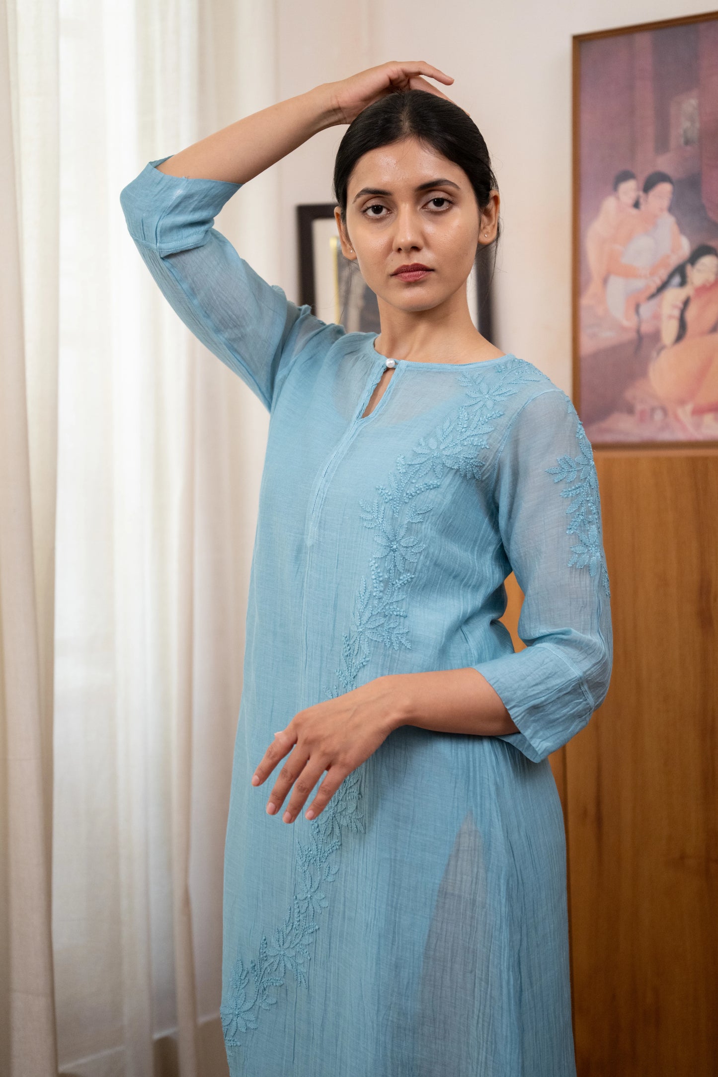 Amhara Soft Summer Chikankari Sleeve Dress - Mist Blue